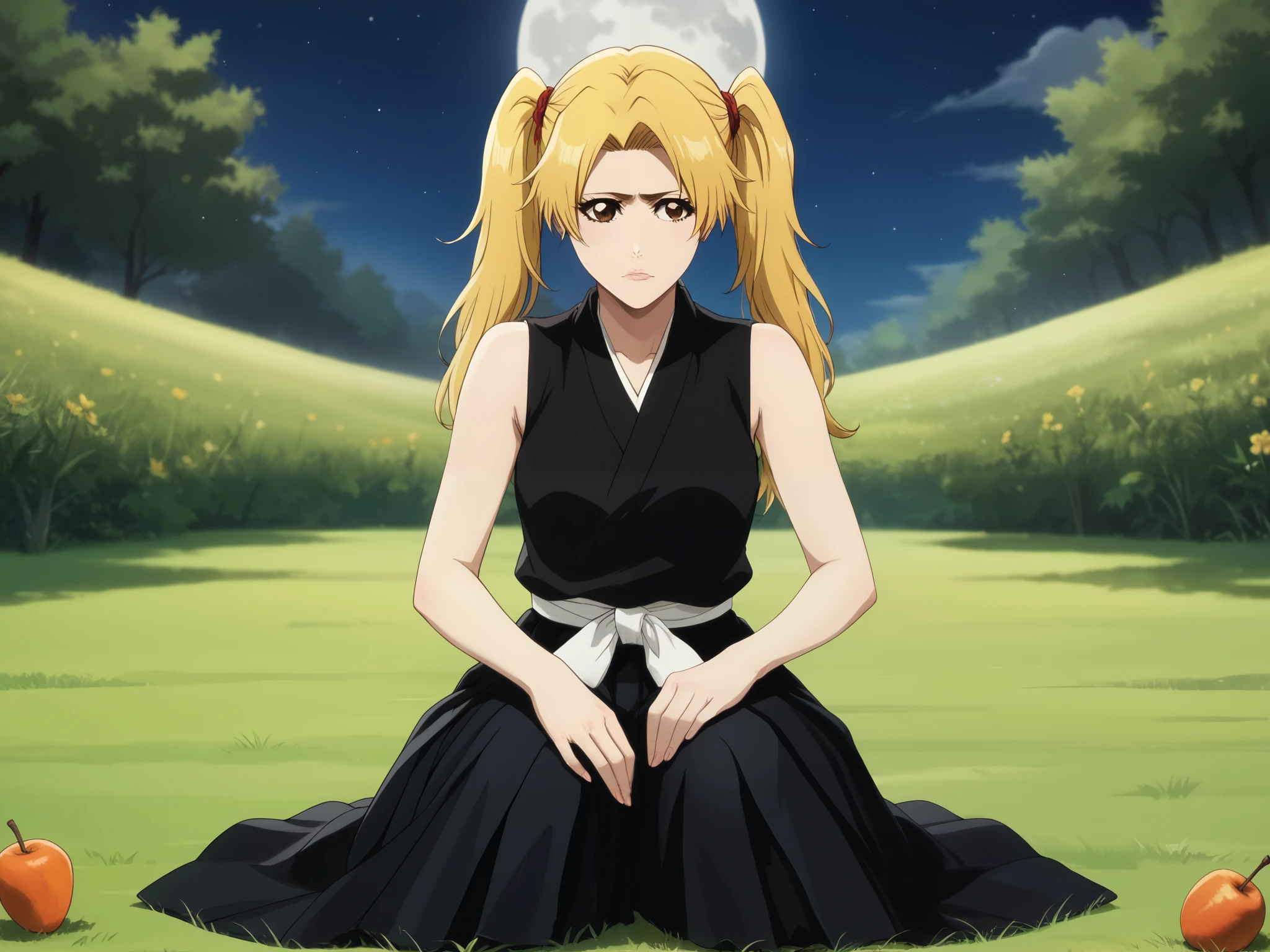 1 girl of fifteen years old  ,  young girl, One,   shinigami from the anime bleach  .
appearance:   brown eye  ,   long straight light yellow hair,   hairstyle with two ponytails made of blond hair,  tails behind the head  , black clothes шинигами, sensual lips,  closed mouth  ,  blond hair  ((black kosode  ,   sleeveless black hakama  , black clothes синигами, sleeveless)) black clothes,   black clothes  , black clothes синигами, (((  black clothes  ))) sits on the grass and eats persimmon ,  in her hand persimmon and the girl eats it, Night, moon, большая жëлтая moon за спиной девушки,   hair develops in the wind , white haori is draped over my shoulders
