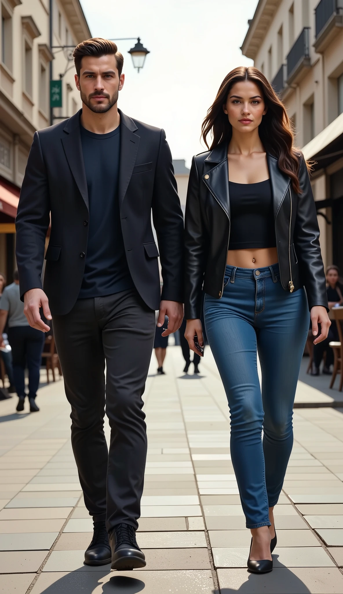 A handsome young man and a stunning woman, both operatives of the DGSE (Direction Générale de la Sécurité Extérieure) of France, walk through a stylish urban street in this 3D ultra-realistic scene.

The man, fit and confident, is dressed in a casual yet stylish outfit: a tailored jacket over a black T-shirt and slim-fit jeans, paired with sleek sneakers. His right hand discreetly holds a compact pistol, tucked casually by his side, blending seamlessly with his relaxed but vigilant demeanor. His sharp eyes scan the surroundings, ever-watchful of any threats.

Next to him, the woman, elegant yet fierce, wears a simple but sophisticated casual ensemble—high-waisted jeans paired with a chic leather jacket. Her right hand grips a small, concealed pistol, ready for quick action. Her expression is calm but determined, as if perfectly in tune with the task at hand.

The background features a lively city street, with pedestrians strolling by, cafés with outdoor seating, and the subtle hum of city life. The ambiance is casual but with an underlying tension, as the two DGSE operatives blend seamlessly into the environment, ready to spring into action at a moment’s notice.
