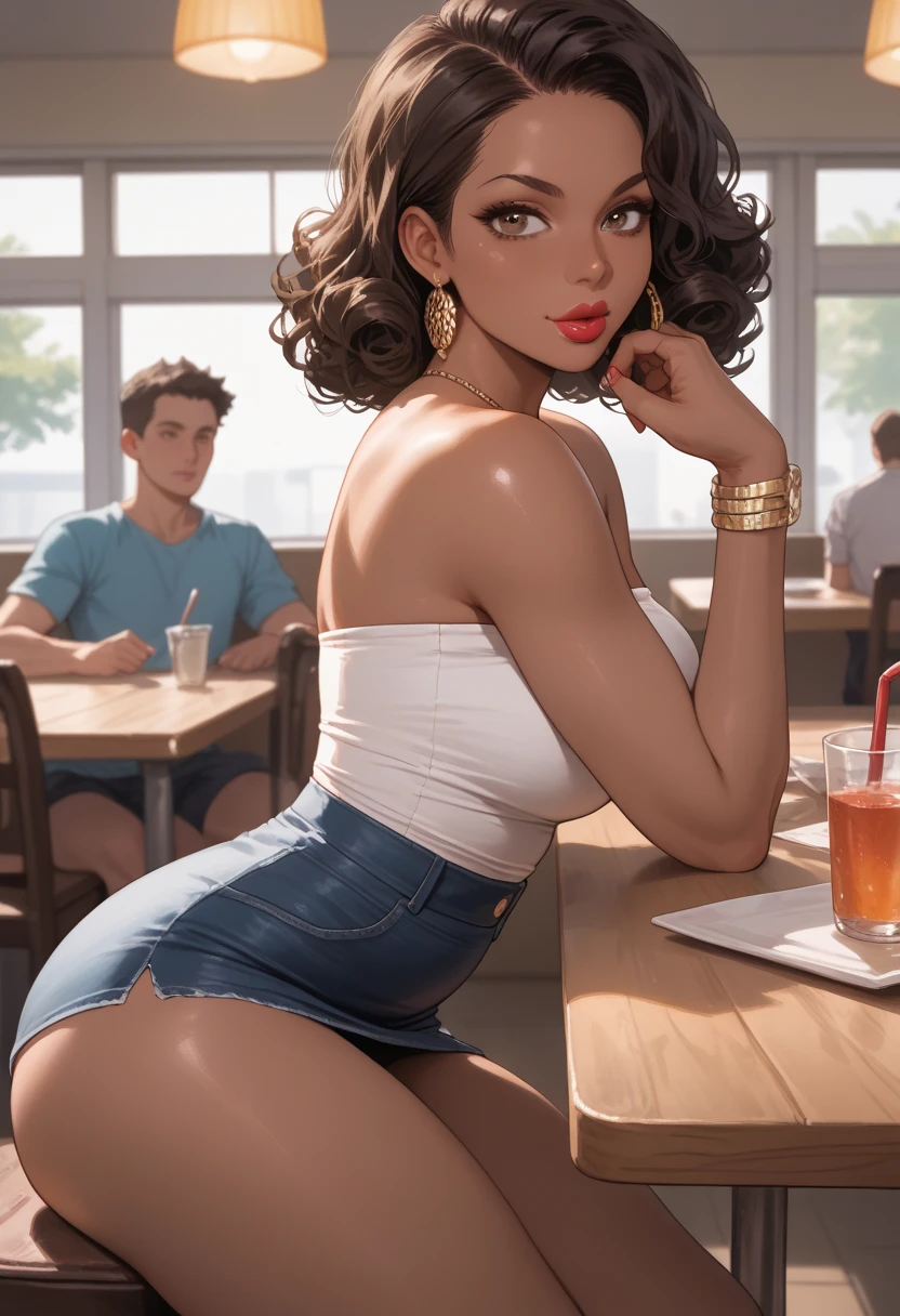 Almond-eyed Dark Mocha-skin tonned African-American woman with Short dark curly hair, juicy lips, a large chest, thick thighs, Perfect hands,. Perfect face. She is wearing a white tube top , lipgloss , and a jean plated skirt. She  is sitting in a restaurant booth  her elbows on the table, resting her face in her hands. She is looking seductively at viewer. POV Side view