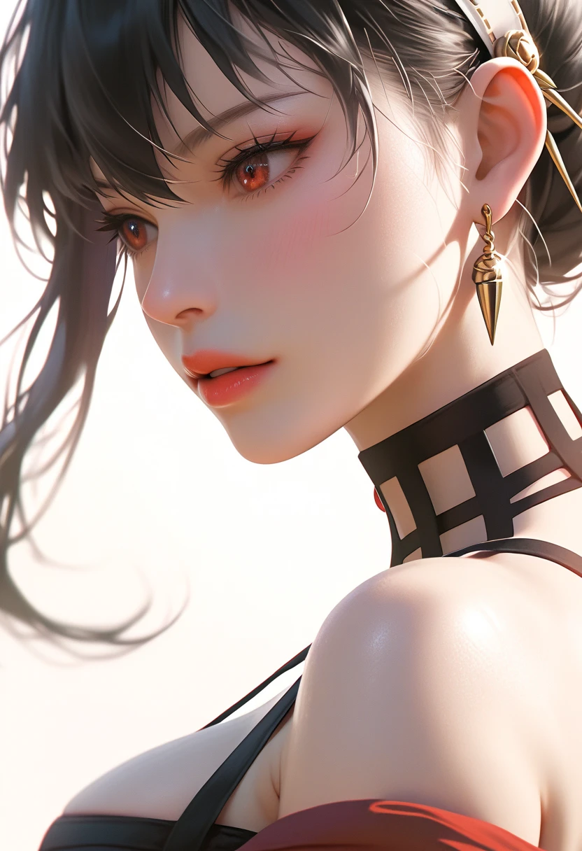 Girl's profile picture, black medium hair with bangs, high ponytail, dragon tattooon neck, irezumi, pale skin, red eyes, dragon tattoo on shoulders, dragon tattoo on chest, big tattoo,black latex bodysuit, earrings, sleeveless , realistic skin texture, detailed picture, upper body, HD32k, looking at viewer, dramatic shadows, vivid lighting, soft sunlight,