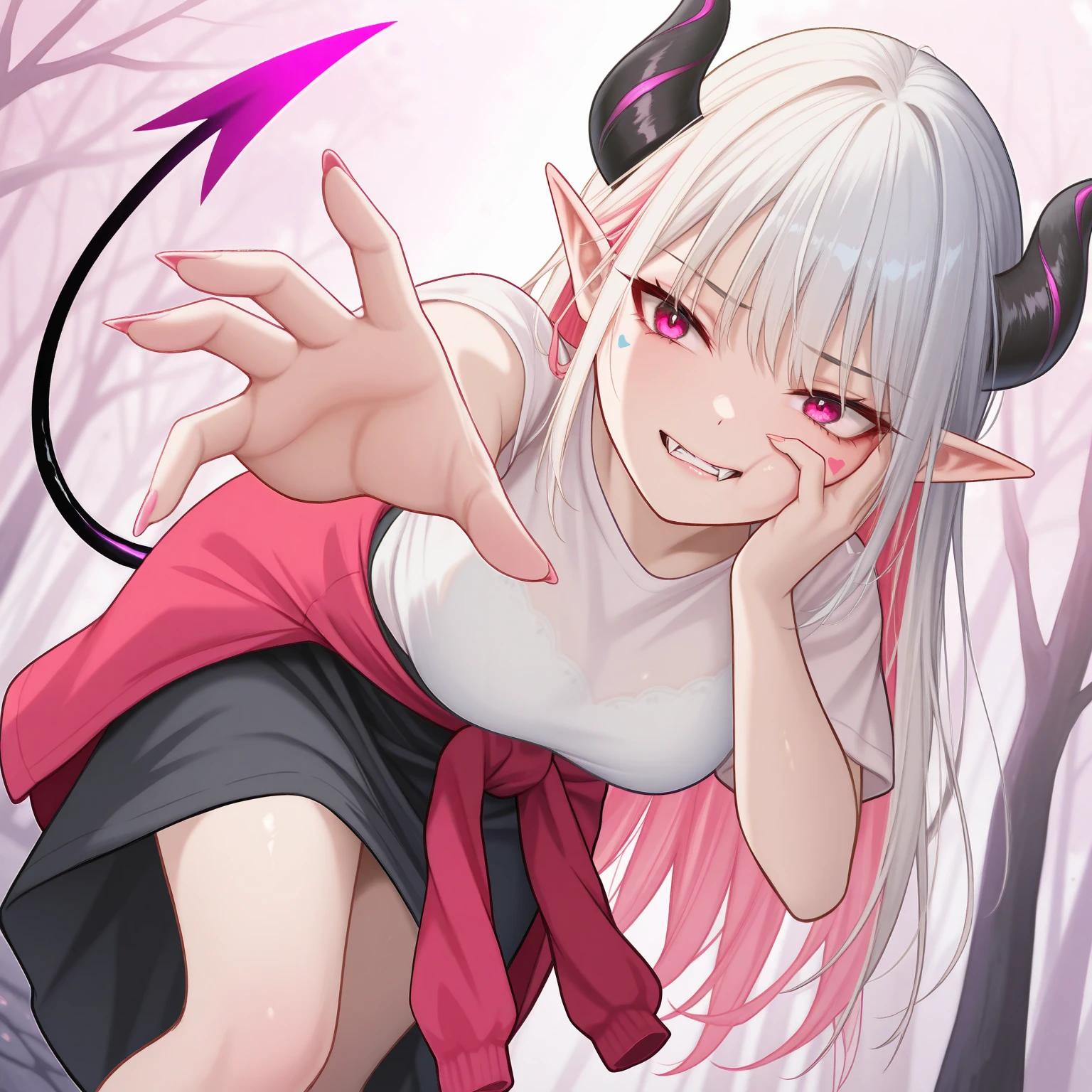 "A young, pale-skinned humanoid girl standing at 110 cm tall, with a delicate and underweight frame. Her skin is pure white with faint cherry blossom pink hues on her cheeks, elbows, and knees. She has extremely long, perfectly straight silver hair with iridescent tones, reaching the ground, and a strand partially covering her face due to her sleek, black horns with silver streaks. Her pointed elf-like ears peek out from beneath her hair. She has vibrant pink eyes that shimmer delicately, with a neutral yet subtly mischievous expression. Her sharp, jagged teeth, including prominent fangs, are visible as she slightly smirks. Her slender hands end in sharp, claw-like nails, and a long, whip-like tail extends behind her. She wears a tattered cloth around her waist, leaving most of her body exposed, and her long hair partially covers her. The background is a dark, eerie forest, enhancing her otherworldly, dangerous aura. Despite her delicate appearance, there is a menacing yet hauntingly beautiful presence about her."