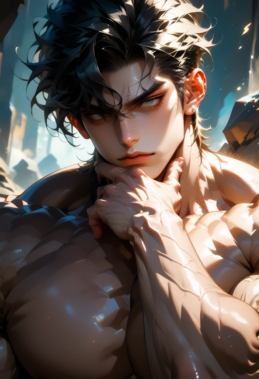 (max resolution: 1.2), (Ultra HDTV: 1.2), 8K resolution, Eye and skin details, face details, , (Sharp focus: 1.2), (Precise focus) sharp face: 1.2), (((Boy))), Standing, Long hair, White hair, Shirtless, Exposed pecs, Six pack abs, black briefs
