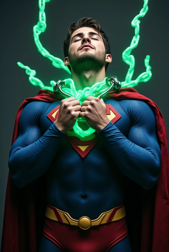 Cody Christian dressed in a blue clasic Superman costume with a red cape and a yellow belt. Superman has a  glowing emerald green chain around his neck and is holding it trying to break it with his hands. The superhero has dark hair and a beard, and appears unconscious or weakened, with his head tilted slightly upward, eyes closed