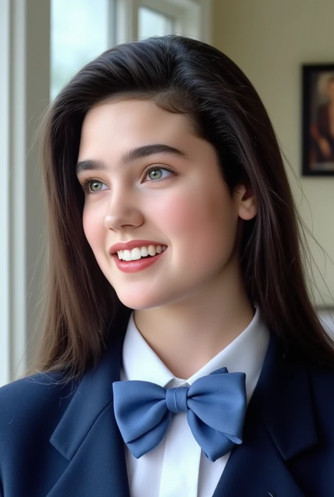 (very realistic photography),(masterpiece, best quality:1.3), 1girl, (alone),
((young Jennifer Connelly)),(at ******),
from the top of her head to her waist,
she wear in tidy dark blue high school blazer uniform and immaculate shirt with blilliant blue bow tie.,
with cute face with plump cheeks,
wet eyes, 
scooped nose arched high with a turned-up tip,
no make up,
flawless healthy youthful fresh succulent fine smooth oily white skin,
with precocious female body with precociously large blreasts and broad wide shoulders, 
Jennifer Connelly's unique and beautiful face is recreated.,
a bit wet shiny long dark hair fluttering,
showing off forehead,
her bangs are raised,
smiling lovingly to someone,
She is in sunny room under with natural light illuminating on her face,