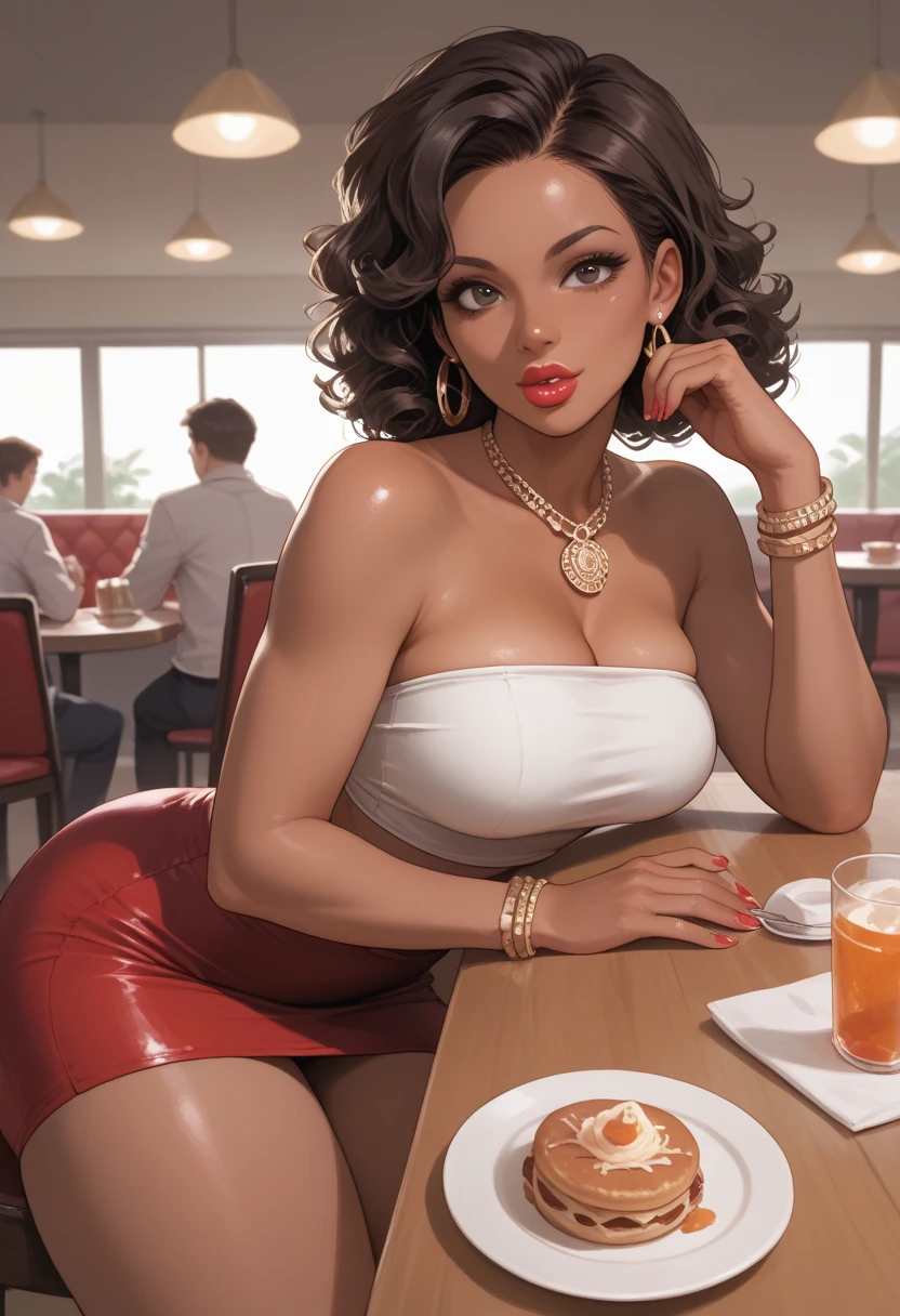 Almond-eyed Dark Mocha-skin tonned African-American woman with Short dark curly hair, juicy lips, a large chest, thick thighs, Perfect hands,. Perfect face. She is wearing a white tube top , lipgloss , and a jean plated skirt. She  is sitting in a restaurant booth  her elbows on the table, resting her face in her hands. She has a Big plate of Barbeque rubs in front of her. POV Side view