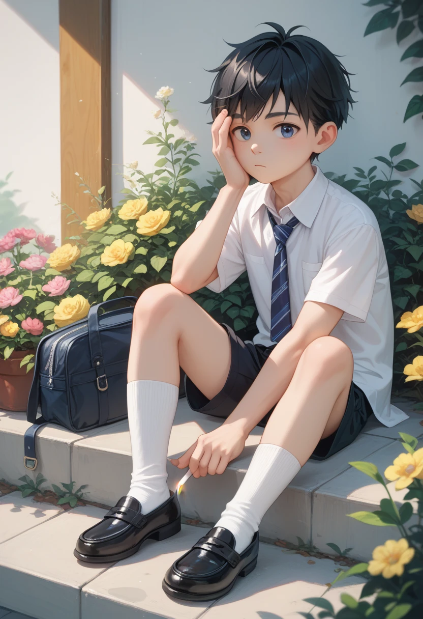 Shotacon, A boy is 6-yr, Long black hair with bangs covering the face hairstyle, little, youthful, young, short, thin, White short-sleeved school shirt Unbutton, black short pants, school shoes, long socks. Sitting down, holding a cigarette in one hand. garden behind school Noon light background