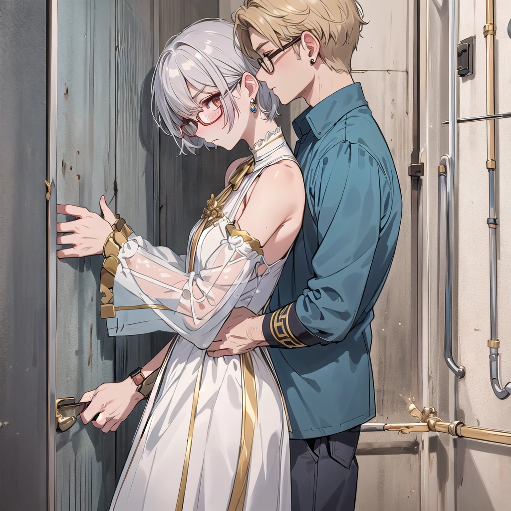 Handsome man (handsome CEO, correct proportions, hand on the wall), hand on the wall, elegant woman (small breasts, short hair, neck-and-shoulder top, gold decoration, silver earrings, thin-framed glasses, transparent sleeves), face to face, hugging Waist, shy, blushing