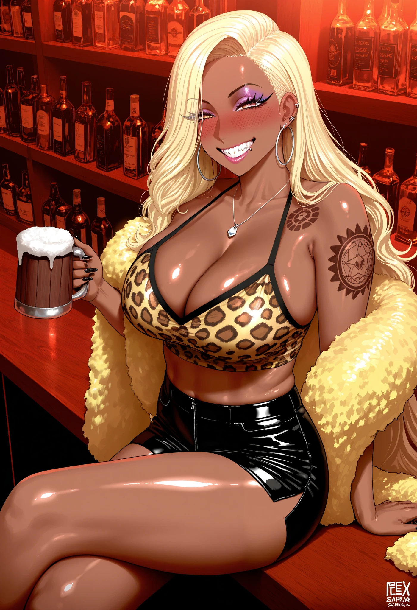 fellatrix, 1girl, solo, iono (pokemon), gyaru, grin, teeth, very dark skin, dark-skinned female, makeup, eyeshadow, long eyelashes, piercings, tattoos, colored skin, jet-black skin, shiny skin, metalic tan, BREAK, detailed eyes, solo, crop top, jacket, leopard print, fur shawl, blush, sitting, in bar, night time, drunk, holding a tankard