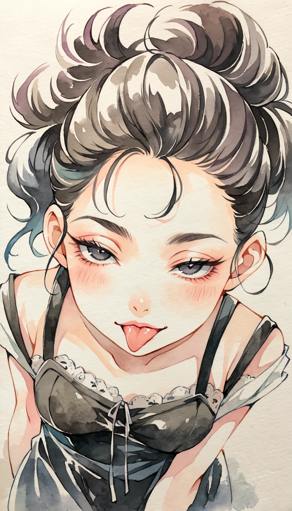 1girl, Alone, Viewer, simple background, black background, Lazy, Half-closed eyes, Smoky Eyes, black double ponytail hairstyle, black eyes, black pupils , charming, Light smile , spits out his tongue , gothic style dress , dark circles, Blush, From above, open skirt , Lips, compensate, nylon, nylon 连衣裙,style: midjourney, watercolor (medium)