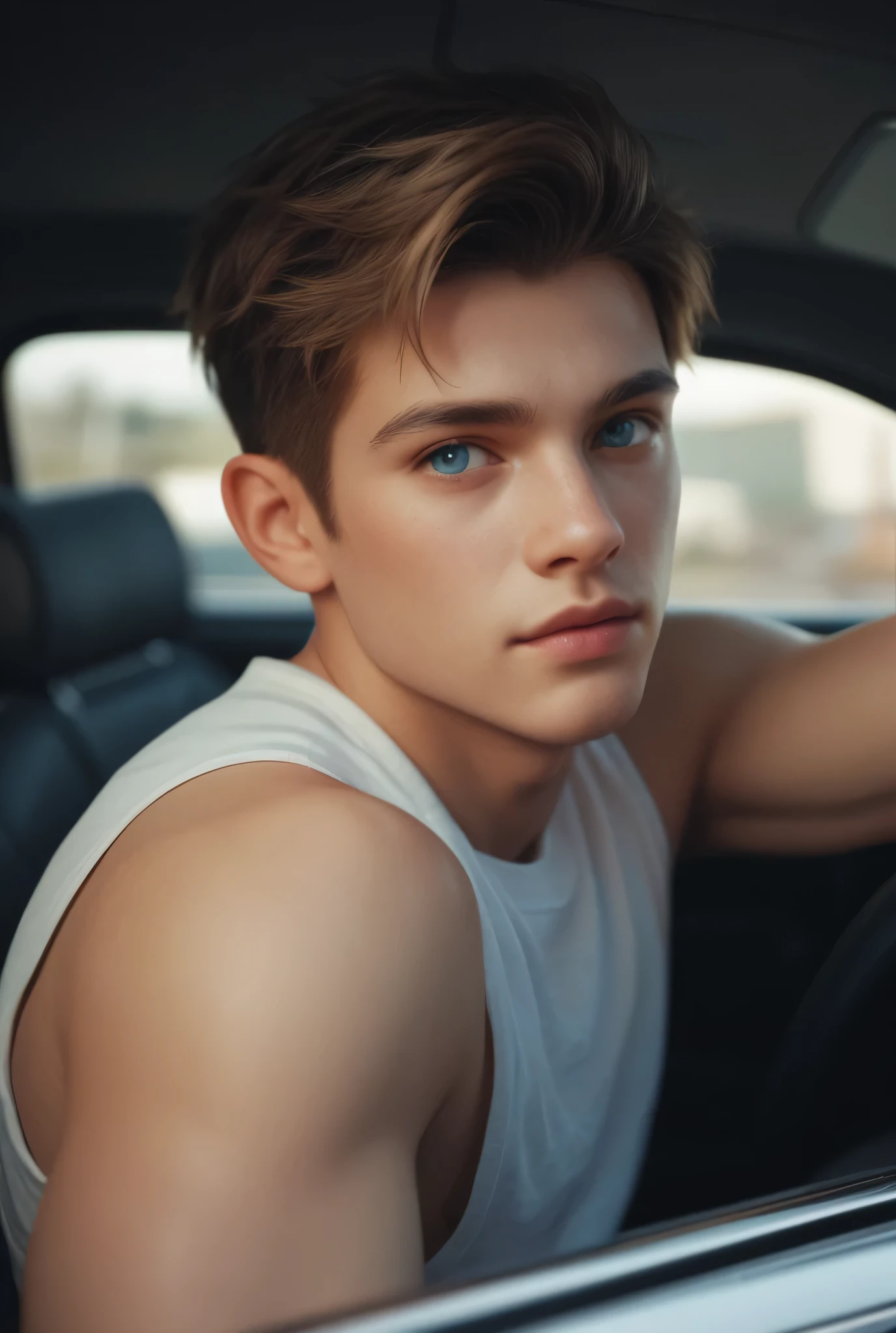 A young mans reflection of his bright sky blue eyes in the mirror of the car 