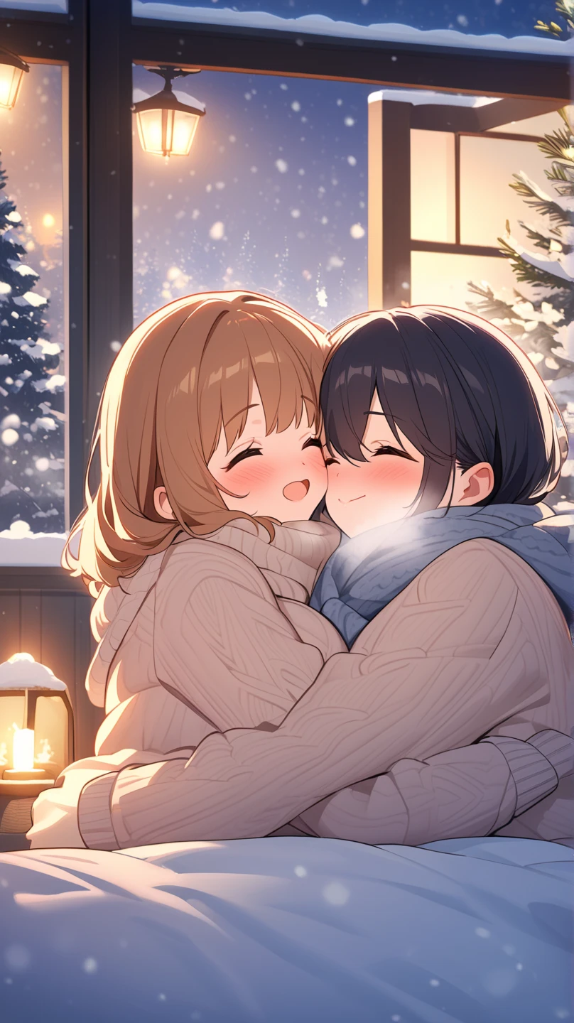 ( top quality , high res),Cute Couple, Winter Background, Hugs,  Cozy Atmosphere , Snowfall, Warm sweaters,  rosy cheeks ,  snowy trees 々, like,  happy,  romantic, Candlelight, soft glow, Magical moments, Cold breath, cuddling, Intimate, bid, Joy, winter like, Ice Landscape, Snow trails