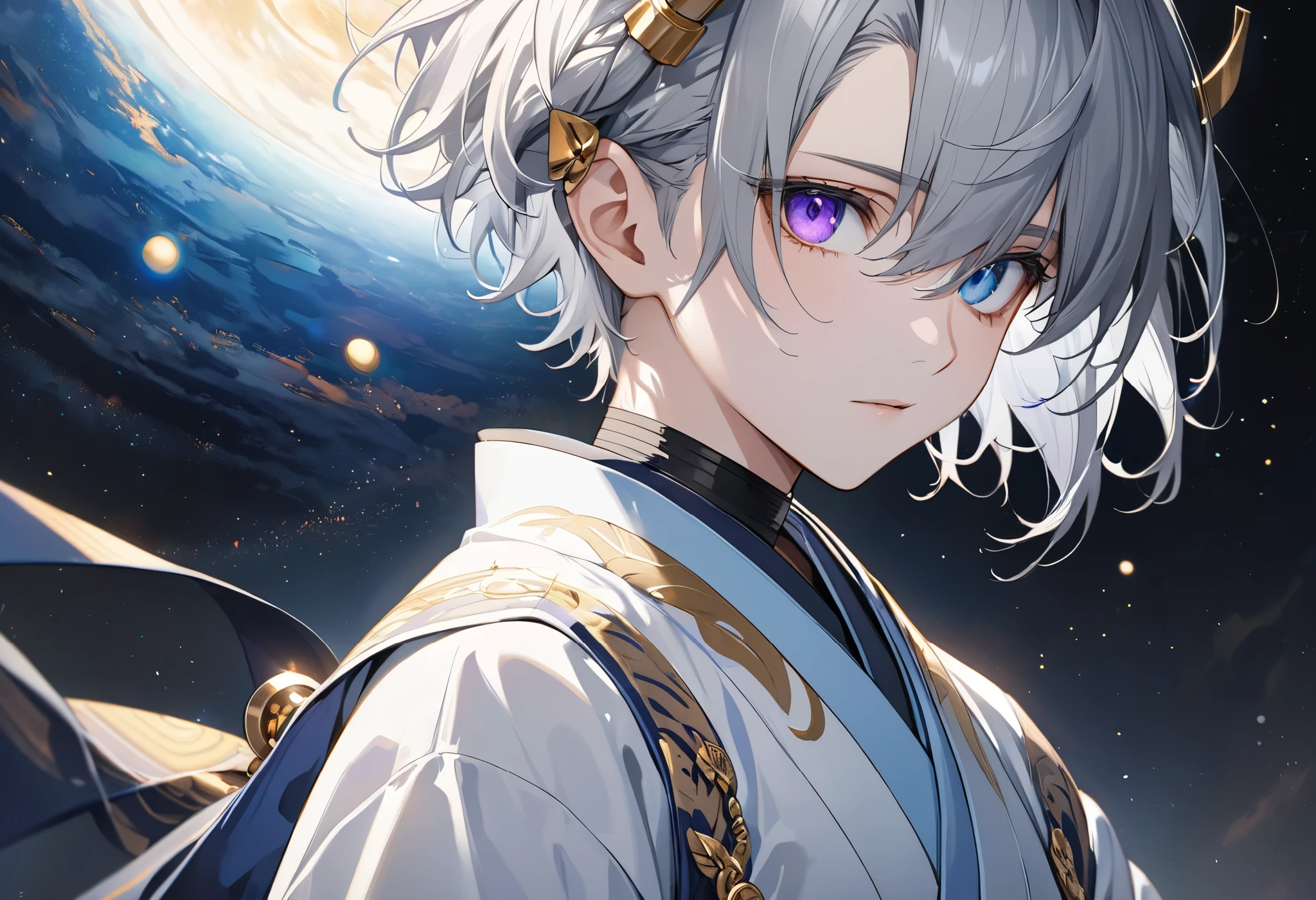 fresh illustration ,
Superfine painting,
very delicate illustration ,
Very fine details ,
Picture of only one boy ,
Height: 158cm,
white skin,
The right eye is purple and the left eye is blue iris heterochromia ,
beautiful eyes,
large black pupils ,
short hair with shadows,
Gray Hair,
hair roots are bluish ,
hair has gradation ,
shiny hair with makeup,
cute faces ,
pretty face
There is a small shining ring on the back of the head,
raised eyebrows ,
and her upper body is wearing a kimono in kimono,
Masculine physique,
six pack,
Super small breasts,
No boobs,
The color of the belt is black ,
Overall white clothes ,
tasteful embroidery with gold thread ,
fine fabric clothing ,
Isometric,
Golden Ratio,
god々 like atmosphere,
wearing blue colored padded collar innerwear ,
outer space ,
Milky Way,
Little Star々 upper body ,
tactical use of shadows ,
Head rings and hair don't stick out of the frame,
standing picture ,
Bust Shots,