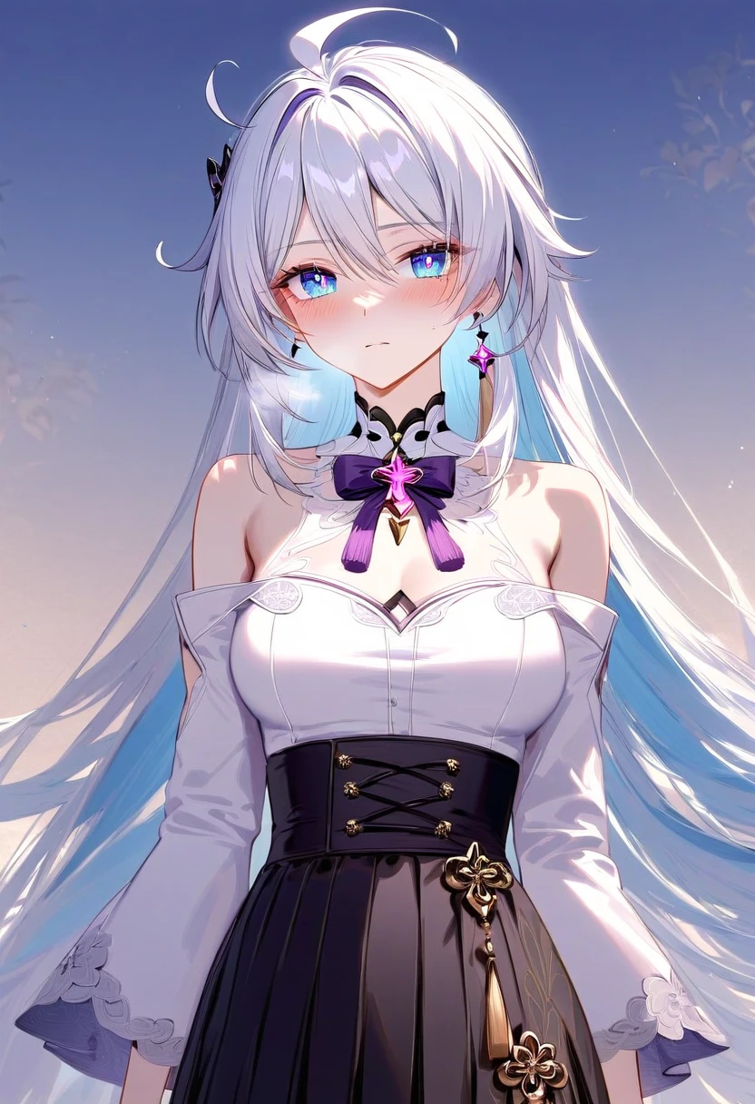 (masterpiece:1.2), (best quality:1.2), (very aesthetic:1.2), (absurdres:1.2), (detailed background), (detailed face:1.1), best quality, beautiful detailed eyes,1girl, adult grown woman, kiana kaslana \(honkai impact 3rd\), herrscher of finality, white hair, ahoge, very long hair, blue eyes, symbol-shaped pupils, medium breast, skinny skin, blush, closed mouth, heavy breathing, Off-shoulder white long-sleeve top with gold accent buttons, delicate butterfly brooch with tassel detail, high-waisted asymmetrical black skirt featuring intricate floral embroidery on one side, pleated design, large light-blue fabric bow on the waist with a dangling tassel, minimalistic aesthetic with Eastern-inspired motifs, subtle elegance, refined feminine style