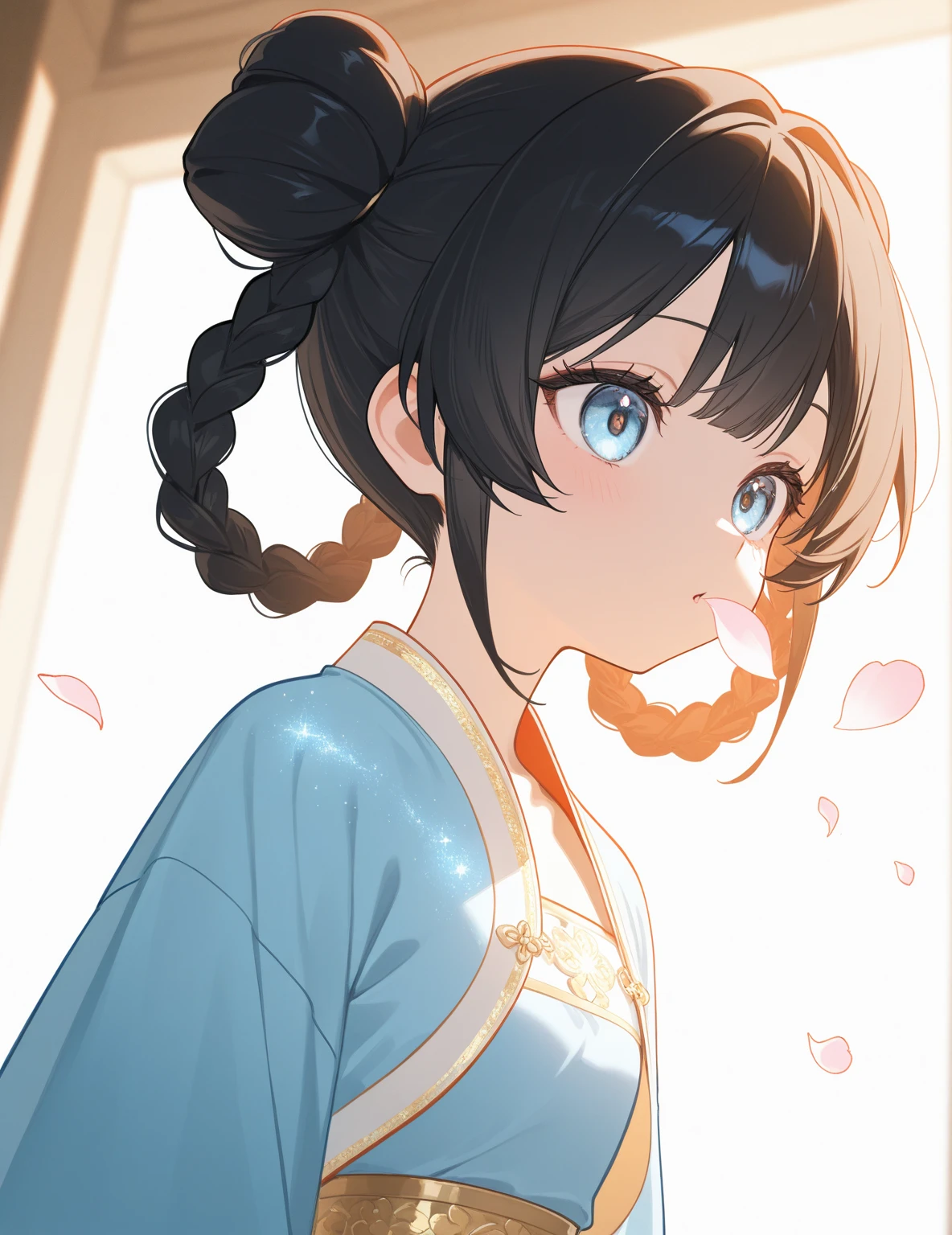  masterpiece,best quality , newest , Cute girl, one girl, young,   ancient oriental style   , top quality,4K,8k, high resolution ,masterpiece:1.2), super detailed, intricate details , High Fashion,  dramatic lighting , warm colors,  Contrast, Hanfu, double buns hairstyle, Black hair, Black hair, Pale blue eyes, Pastel blue eyes, light, Petals blowing, Glitter effect, Blending ,  soft lights , sight,  expression reflecting intense emotion in the eyes, 