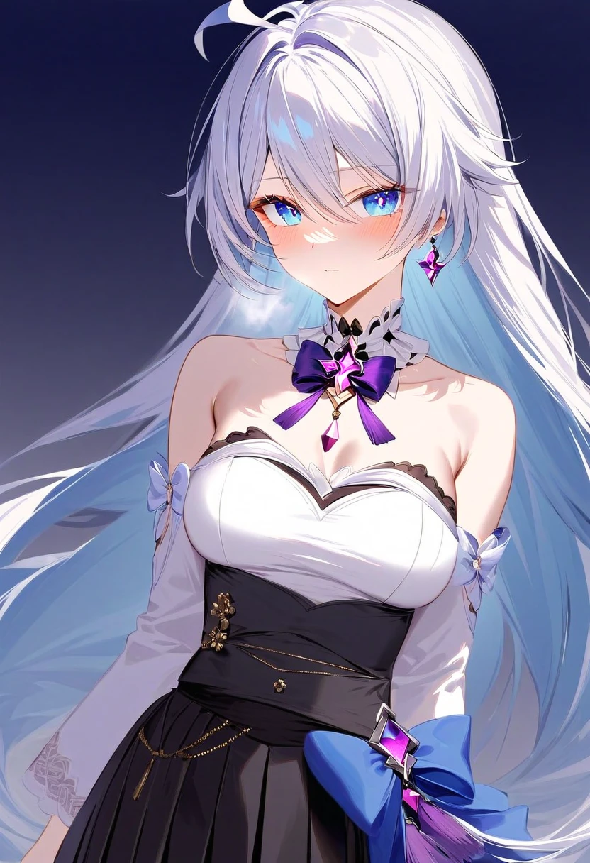 score_9, score_8_up, score_7_up, masterpiece, best quality, very aesthetic, absurdres, 1girl, adult grown woman, kiana kaslana \(honkai impact 3rd\), herrscher of finality, white hair, ahoge, very long hair, blue eyes, symbol-shaped pupils, medium breast, skinny skin, blush, closed mouth, heavy breathing, Off-shoulder white long-sleeve top with gold accent buttons, delicate butterfly brooch with tassel detail, high-waisted asymmetrical black skirt featuring intricate floral embroidery on one side, pleated design, large light-blue fabric bow on the waist with a dangling tassel, minimalistic aesthetic with Eastern-inspired motifs, subtle elegance, refined feminine style