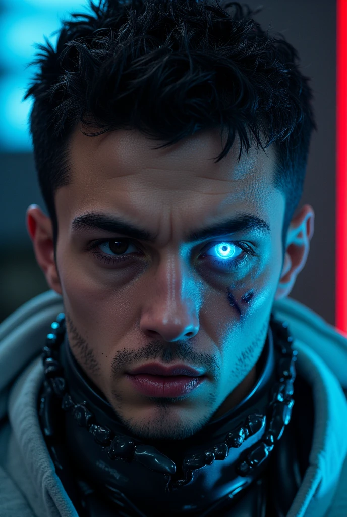 Hyper-realistic portrait of ((chrisbrigido:1.2)) (25 year old cyberpunk male), ((male)), detailed skin, scar on face, scar on eye, ((bright blue eye:1.5)), adaptable (black symbiotic armor perfectly integrated into the body), with a detailed enigmatic face, full body (modern and black symbiotic armor), real, realistic, hyper realistic, highly detailed, depth of field, Detailed and Intricate, Photo, HD, Cinematic, Dynamic Lighting, (bokeh), ((beautiful)), lens reflection, (neon cyberpunk lights: 1.1), (cinema effect), gradient color progression, cinematic film grain, (subsurface scattering) ,((detailed face and eyes)), (detailed iris:1.5)