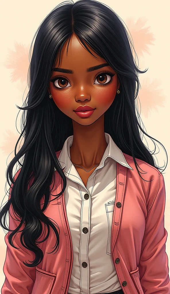 the proportions and detailed textures multicolor brushwork and softened with airbrush, a semi-realistic ink china illustration resembling (in high quality of full body) young african girl of angelic face, her expression is confident and slightly playful, full lips, thick thighs, wide hips, thin and high waist, flat stomach,with long straight hair, school uniform, a tght tube dress and a shirt a cropples jacket showing realistic girl. very balanced saturation in the color palettes very defined (color with monochrome shading and shine tones of red 25% + yellow 25% + blue 25% + biofluorescent 12.5% + transparencias 12.5%. Aesthetic fusion by (Fibonacci ratio. female young girl she has a dark complexion with pink tones that give contrast and shine, character type. Thin, fine fabric fluid texture (her clothes with relief and folds give volume and depth to the character) style. Sharp Highly Detailed Soft Focus, Approaching Perfection, Full HD 8K, High and Low Angles. of milo manara, Gianni Versace, Coco Chanel, Alberto Vargas, Greg Rutkowsk art style


