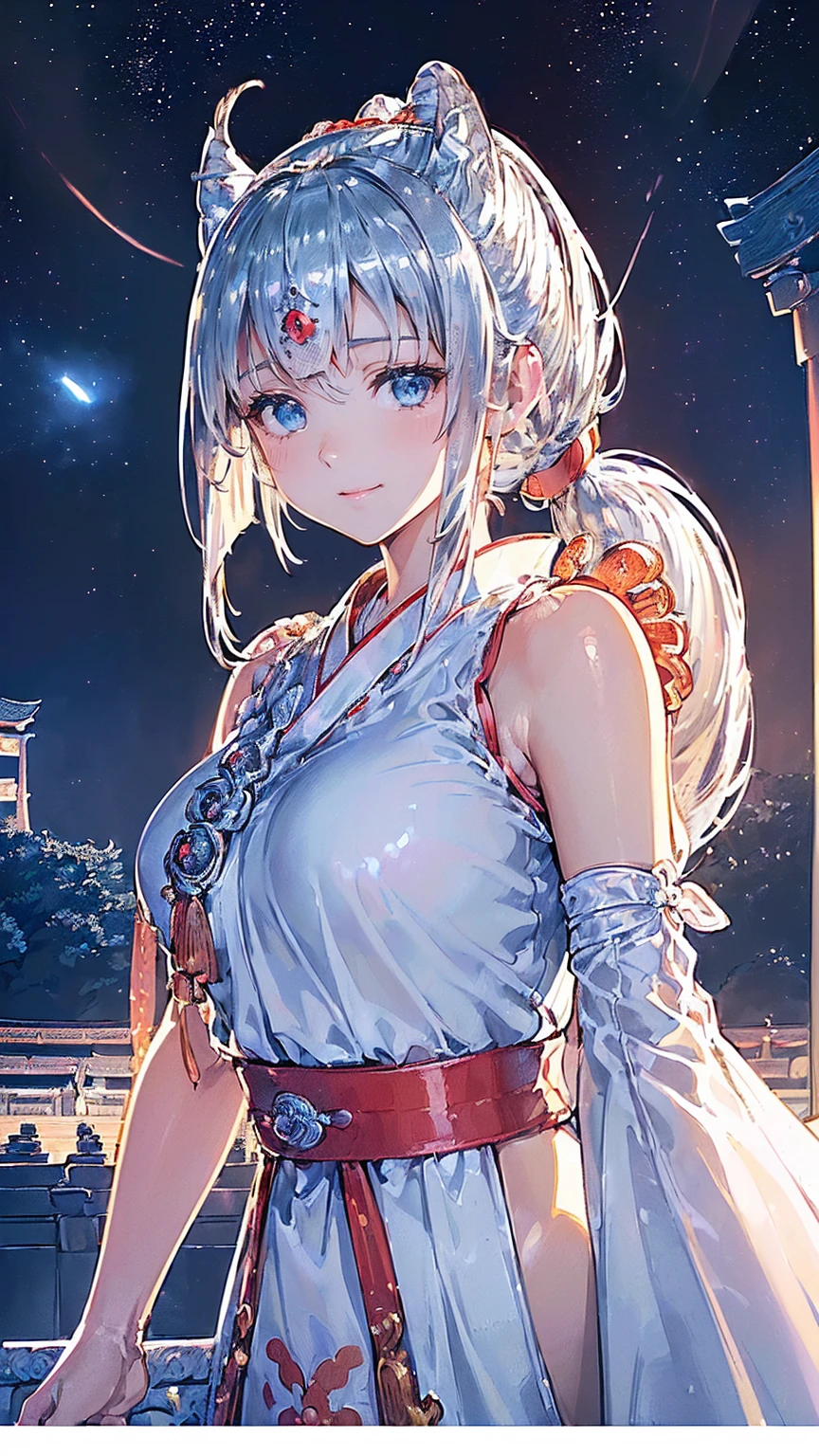 best quality, masterpiece, High resolution,, 1 girl, Detailed face, (Upper Body:1.6), Internet city, Mountains and rivers, night, Firefly lamps, actual, Rich in details, (White Hanfu:1.2), (Beautiful body:1.4),