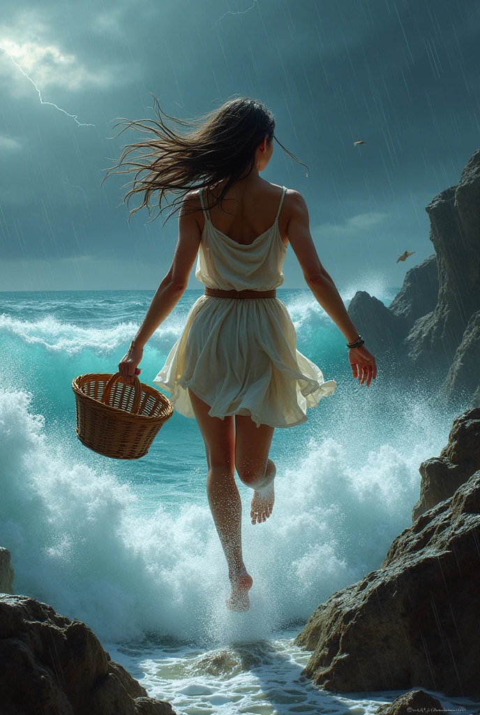 ((masterpiece, top quality)), at night, Thin clothing, girl, put one foot in sea water with only your toes, girl standing, girl sideways, girl between the horizon and the sea, looking from the side, Ripples spread from the toes, the stage is about 20 meters away from us, Over the sea, at night, The whole scene shines, there is a meteor shower