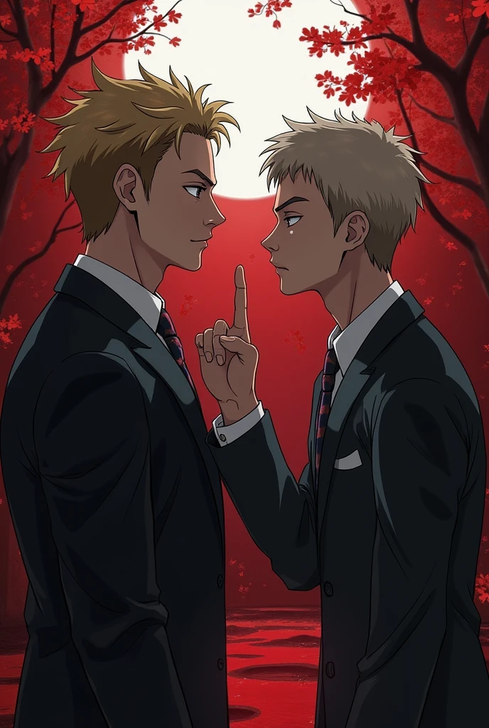 score_9, score_8_wonderful, score_7_wonderful, sauce_Anime BREAK 1 Boy, The two men have blonde and black hair.,Male Focus, Part 1: Leanne,, Red Blazer, Black trousers, Outdoor,Red tie,Get on all fours and place your hands on the floor,Chain collar,Inserting a dark penis,Gay