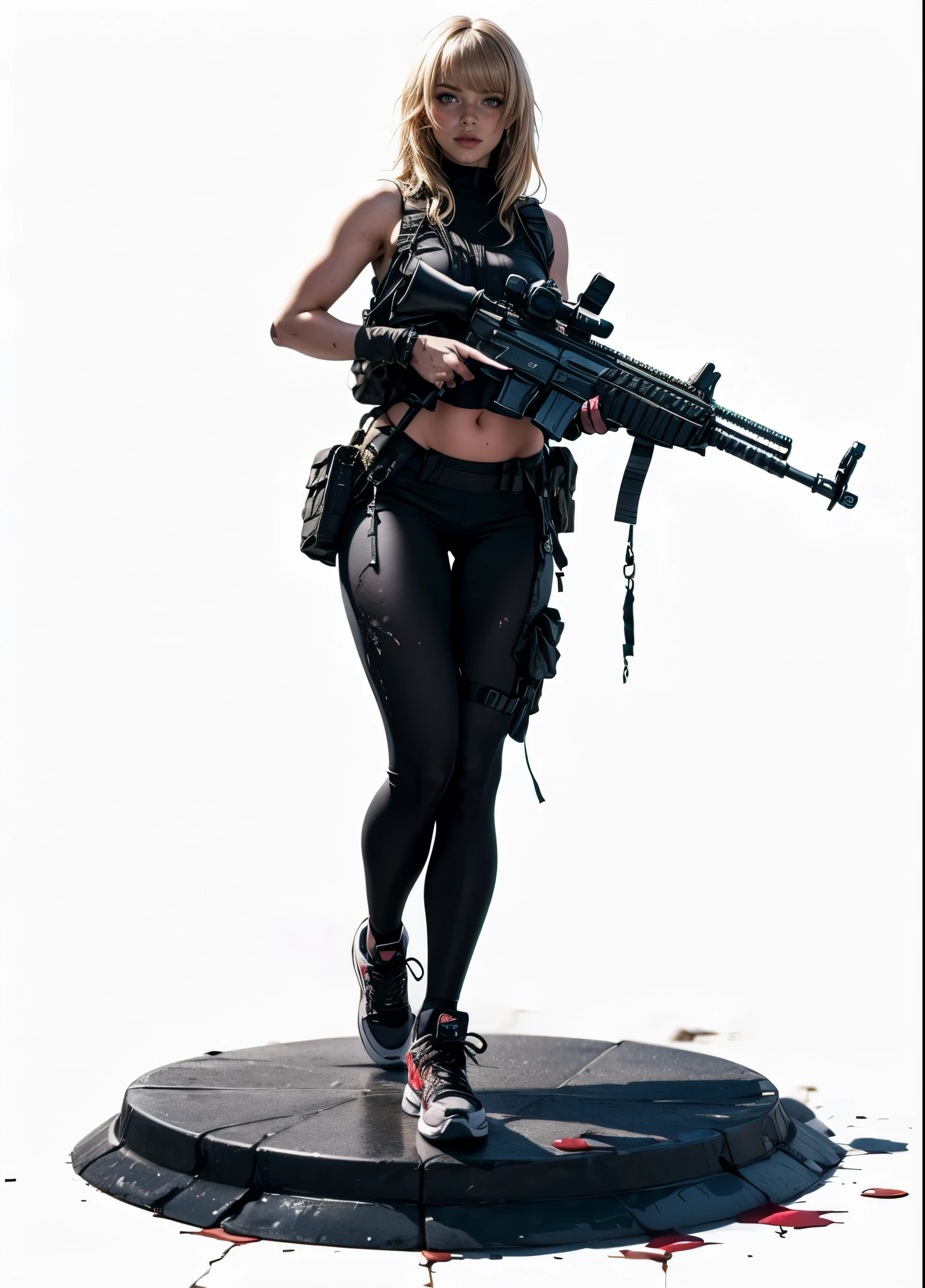 Extremely Beautiful Blonde Girl wearing a desert bulletproof vest over her short black tank top with dark green tactical human leggings with sneakers with long blond bangs hair with lipstick with blue eyes and carrying an assault rifle in her hands, pointing gun , hanging an assault rifle in her hands, looking at her target, High Resolution, Masterpiece, Accurate, Anatomically Correct, Award Winning, Best Quality, Detail, HD, High Details, High Quality, Quality, Retina, Super Detailed, Textured Skin, UHD, she is bleeding out, she is covered in blood, she has holes in her clothes, she is bleeding out due to her gunshot wounds, she is leaving blood drops on the ground, she is defending herself against shooters, she is surrounded, she is bleeding out a lot, showing belly button, she is bleeding from her nose, full body length portrait, sneakes, showing full body, showing sneakers, she is grabing an assault rifle with her two hands, she is injured and bleeding out.