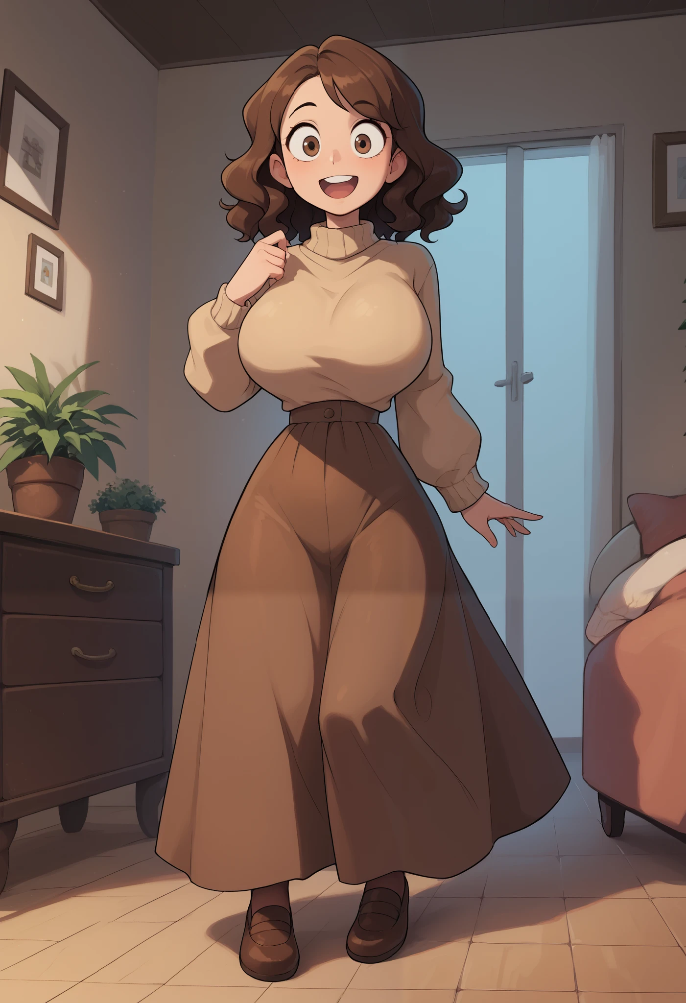 Solo, Young woman, medium length hair, brown hair, brown eyes, wavy hair, huge breasts, wide hips, (thin skinny waist) light brown sweater, dark brown skirt, loose sweater, long skirt, brown pantyhose, brown shoes, indoors, looking down at you, looking at you, wide eyed, surprised, open mouth smile