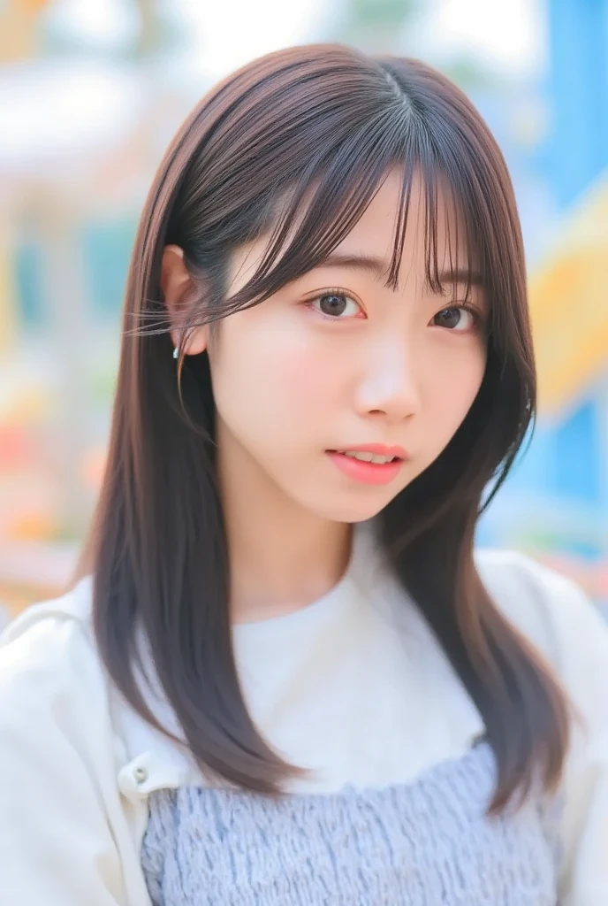 (8K、Raw photo、top-quality、masuter piece: 1.2)、(realisitic、photoRealstic: 1.4)、(High resolution 8K wallpapers)、foco nítido、depth of fields、Background bokeh、Bokeh、lighting like a movie、softlight、Shot from thigh up、Cute idol face staring at the camera、(Korean age girl: 1.3)、(Natural lip color、Straight teeth)、(((Beautiful thin eyebrows) ))、(Long bangs)、(pleatedskirt: 1.2)