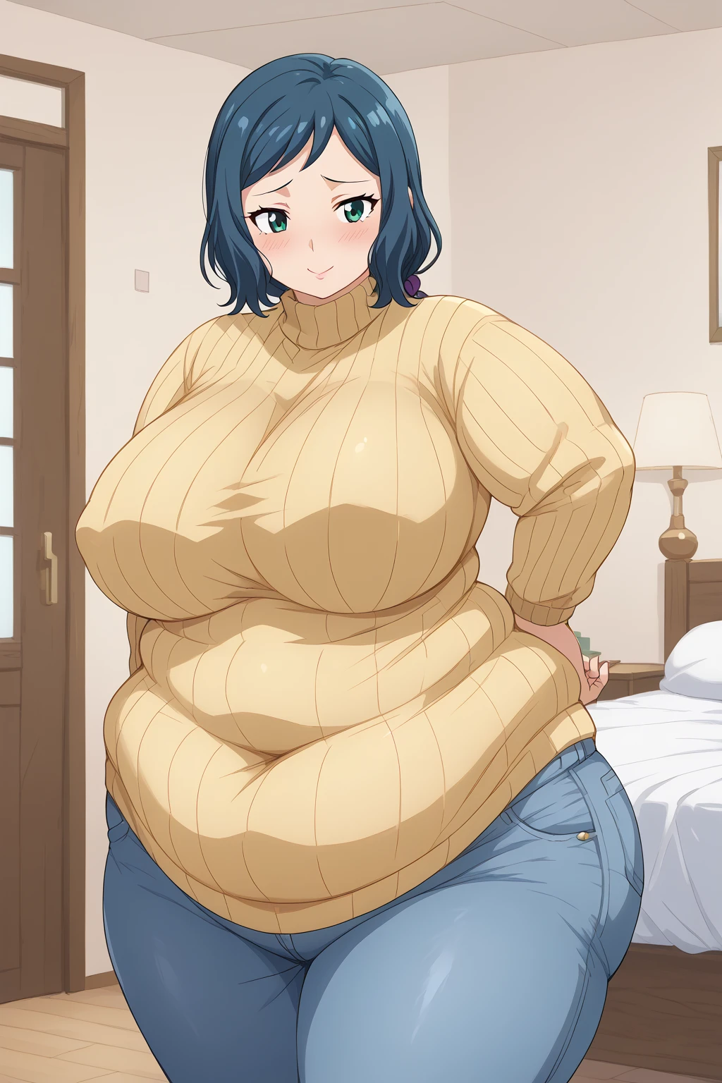  Iori Rinko, Rinko Iori, long hair,紺色の髪, low ponytail, Purple scrunchie,  green eyes, yellow sweater, long sleeve sweater, Navy blue jeans ,Obese middle-aged woman, troubled expression, embarrassing expression ,milf,A woman with body odor ,A woman with smelly armpits ,Body odor,Postures that show off armpits, chubby,(bedroom), score_9,  score_8_ up、 score_7_ up、 score_6_ up、 score_5_ up、 score_4_ up、 masterpieces at the front door of the house、 top quality , A beautiful woman with an obese figure,  absurd、 Source_ anime anime screencap,  one woman、Alone、 personal  、Super huge breasts,  super huge clevis、Super huge, Super huge boob,Curvy、 wide hips、