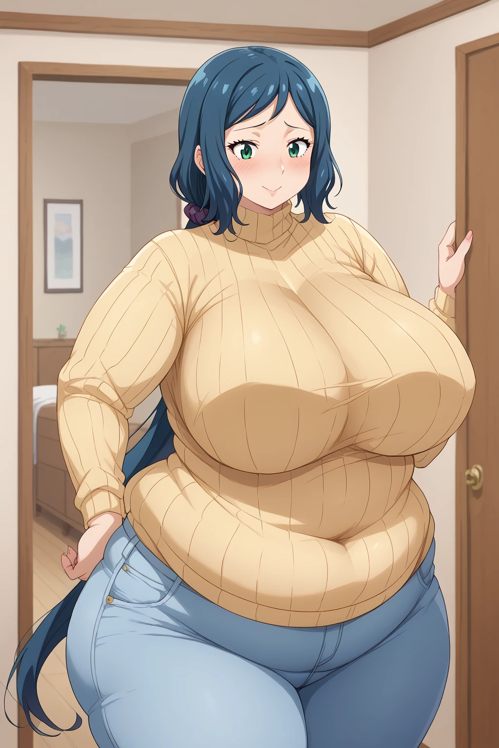  Iori Rinko, Rinko Iori, long hair,紺色の髪, low ponytail, Purple scrunchie,  green eyes,(( yellow sweater)), Navy blue jeans ,Obese middle-aged woman, troubled expression, embarrassing expression ,milf, chubby,(bedroom), score_9,  score_8_ up、 score_7_ up、 score_6_ up、 score_5_ up、 score_4_ up、 masterpieces at the front door of the house、 top quality , A beautiful woman with an obese figure,  absurd、 Source_ anime anime screencap,  one woman、Alone、 personal  、Super huge breasts,  super huge clevis、Super huge, Super huge boob,Curvy、 wide hips、