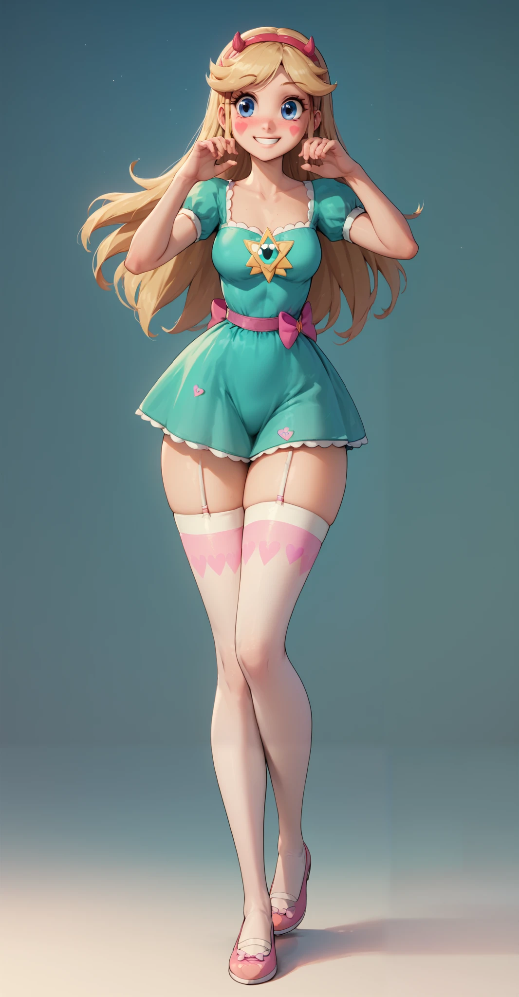 Star Butterfly, 1 girl, standing alone, ssmile, blush, looking ahead at viewer, blue colored eyes, green mini dress, ******, marking, ((whole body)), breasts , slender_waist, huge hips, bare thighs, curves, nice curvy legs, white stockings, pink mary janes shoes, front,sensual pose, best qualityer, no flaws, happy, smile, 