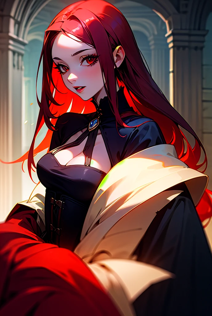 medieval setting, full view of body, 1 skinny female with large breast, beatiful smokey green eyes, black hair pinned up, off-shoulder strapless midi dress, red scarf around her neck, eerie sunset