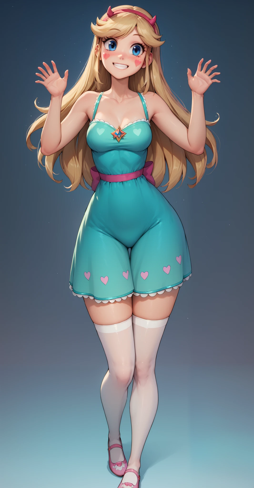 Star Butterfly, 1 girl, standing alone, ssmile, blush, looking ahead at viewer, blue colored eyes, green mini dress, Age 14, marking, ((whole body)), breasts , slender_waist, huge hips, bare thighs, curves, nice curvy legs, white stockings, pink mary janes shoes, front,sensual pose, best qualityer, no flaws, happy, smile, 