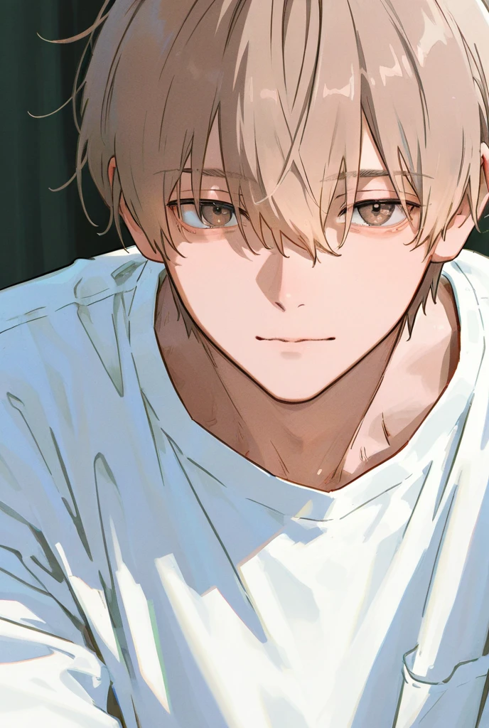  1 man, gentle color, bangs between eyes,  light brown hair, shortcuts,  White Shirt ,