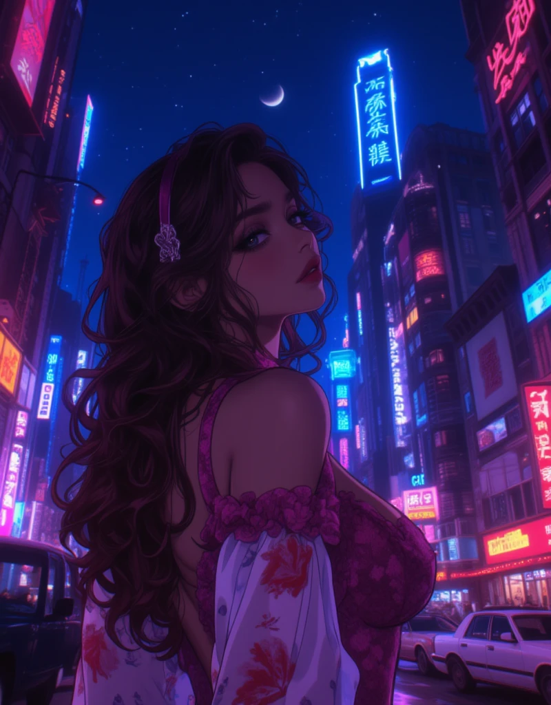 A MILF,Around forty years old,Wear a purple sleeveless hurdle vest,long azure hair。Plump body type,Large chest,Asian people,Face is flat,Beautiful looks,Half exposed breasts,Smile