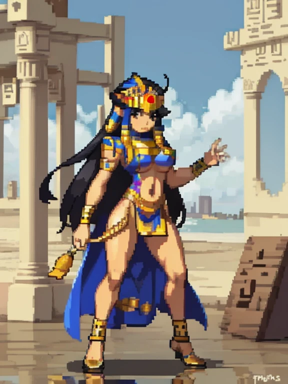 an Indian woman with black hair , wearing ancient Egyptian clothes in a pharaonic palace from the 2000s BC.  with a full body.
