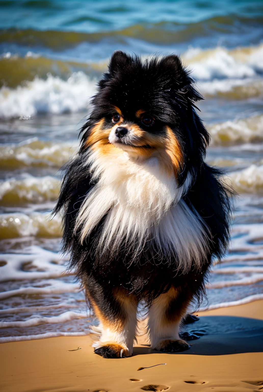 Realistic, black and tan Pomeranian, only one dog, background of sunset beach,