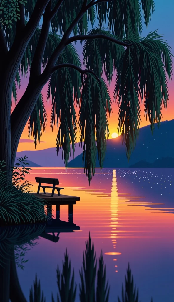 A tranquil lake reflecting the vibrant hues of dusk—orange, pink, and purple—its surface rippling gently. A wooden bench rests under a sprawling willow tree, its branches swaying softly in the breeze. Fireflies glow faintly in the shadows, creating a dreamlike atmosphere.