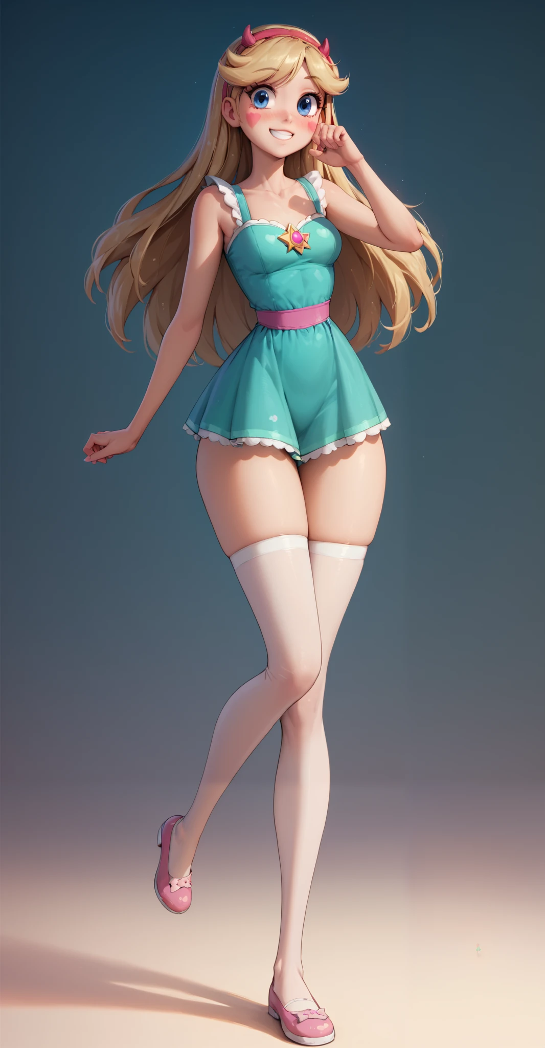 Star Butterfly, 1 girl, standing alone, ssmile, blush, looking ahead at viewer, blue colored eyes, green mini dress, Age 14, marking, ((whole body)), breasts , slender_waist, huge hips, bare thighs, curves, nice curvy legs, white stockings, pink mary janes shoes, front,sensual pose, best qualityer, no flaws, happy, smile, 