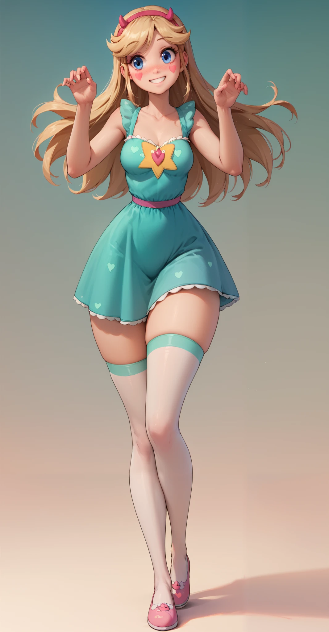 Star Butterfly, 1 girl, standing alone, ssmile, blush, looking ahead at viewer, blue colored eyes, green mini dress, Age 14, marking, ((whole body)), breasts , slender_waist, huge hips, bare thighs, curves, nice curvy legs, white stockings, pink mary janes shoes, front,sensual pose, best qualityer, no flaws, happy, smile, 