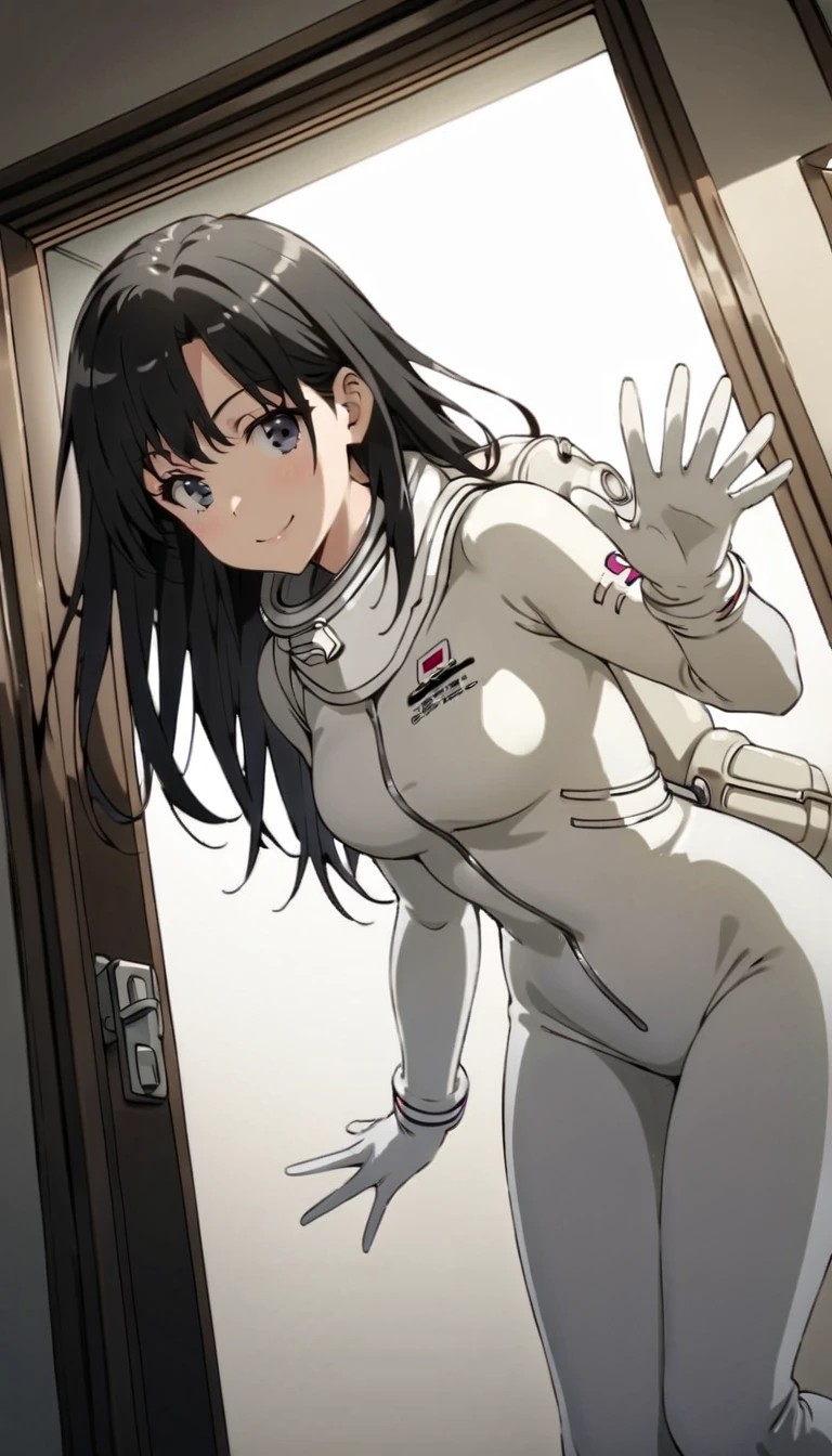 (spacesuit:1.15), white cargo pants, astronaut), white gloves, smiling, waving, looking at the audience, indoors, higschool, daylight, dynamic pose, front of door, , alone, masterpiece, best quality, 1girl, beautiful, image from below, solo, shizuka hiratsuka, long hair, black hair, black eyes,
