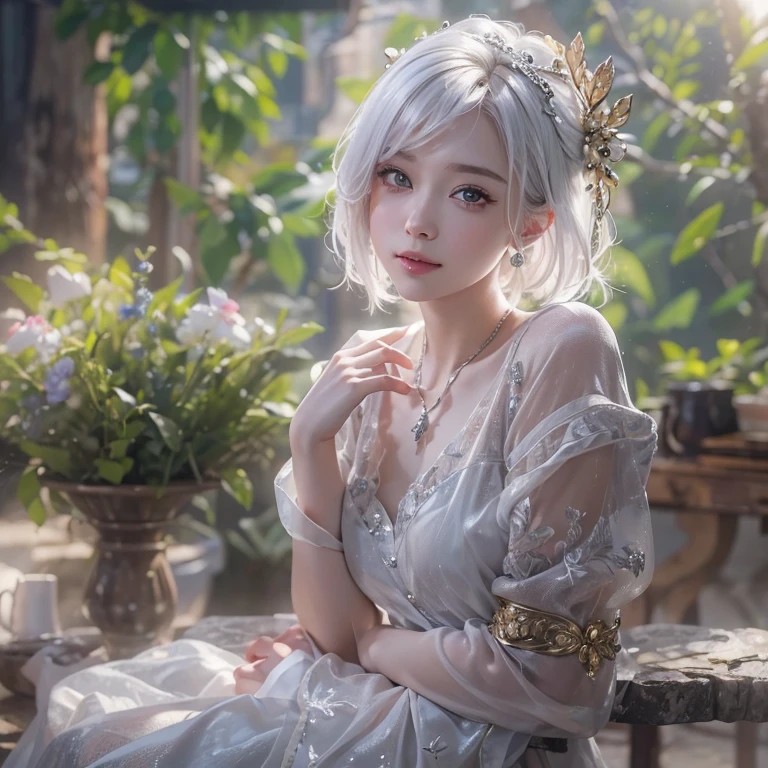 masterpiece:1.3), (8k, Realistic, RAW Photos, Best image quality: 1.4), Fair-skinned fairy woman、short hair、Cleavage:2.0、Highly detailed face、Attention to detail、double eyelid、Sharp focus:1.2、Beautiful woman:1.4、Silvery white hair、Highest quality、masterpiece、Ultra-high resolution、(Realistic:1.4)、Highly detailed and professionally lit smiles、Final Fantasy、