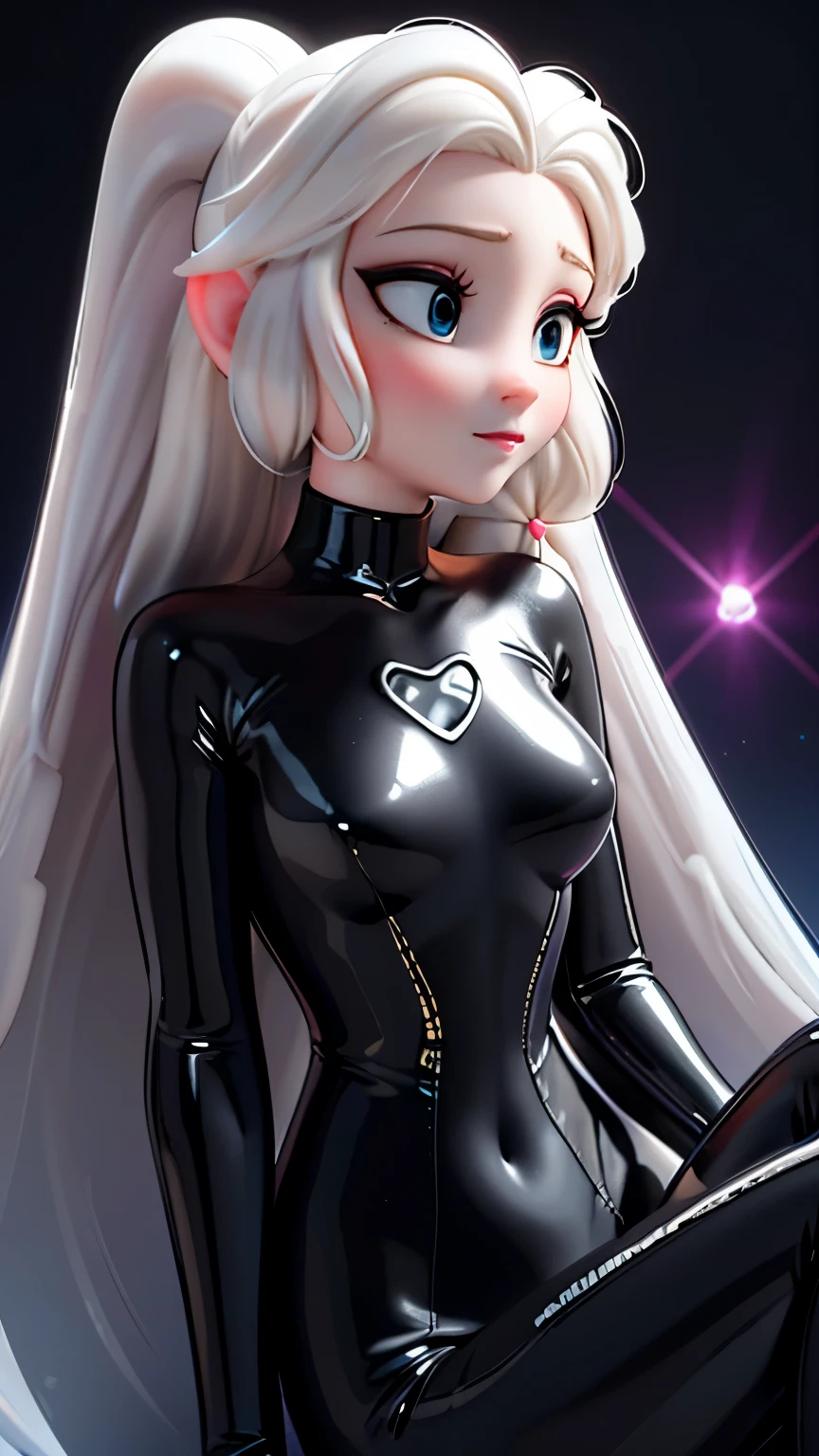 toon 3D cartoon rubberized round wide face white-hair cartoon toon Elsa of Arendelle wearing black textured 50% transparent translucent latex dominatrix swimsuit with dark trim , %50 transparent black latex long gloves, Elsa braid hair ,confident amused expression, eyes large and bright, posing on a black beanbag chair in a plain photo studio with black backdrop, soft light, reflective smooth rubber black latex bodysuit and with high black collar , small waist, large chest, soaking wet ponytail hair,