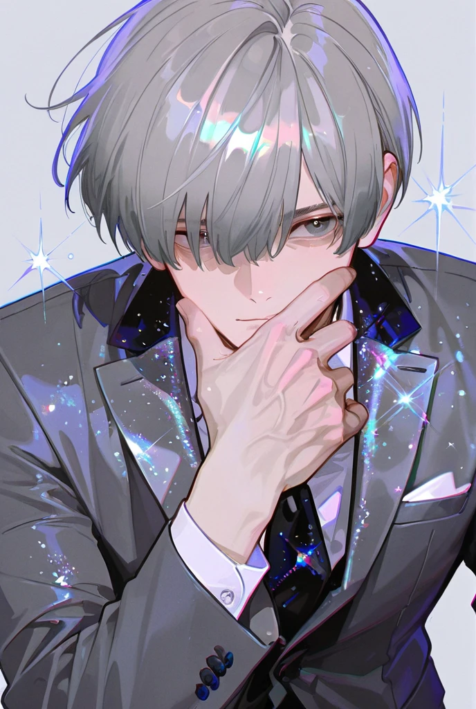  1 man,bangs,  shortcuts, Grey Hair, suit, Background Blur,  glitter effect, 