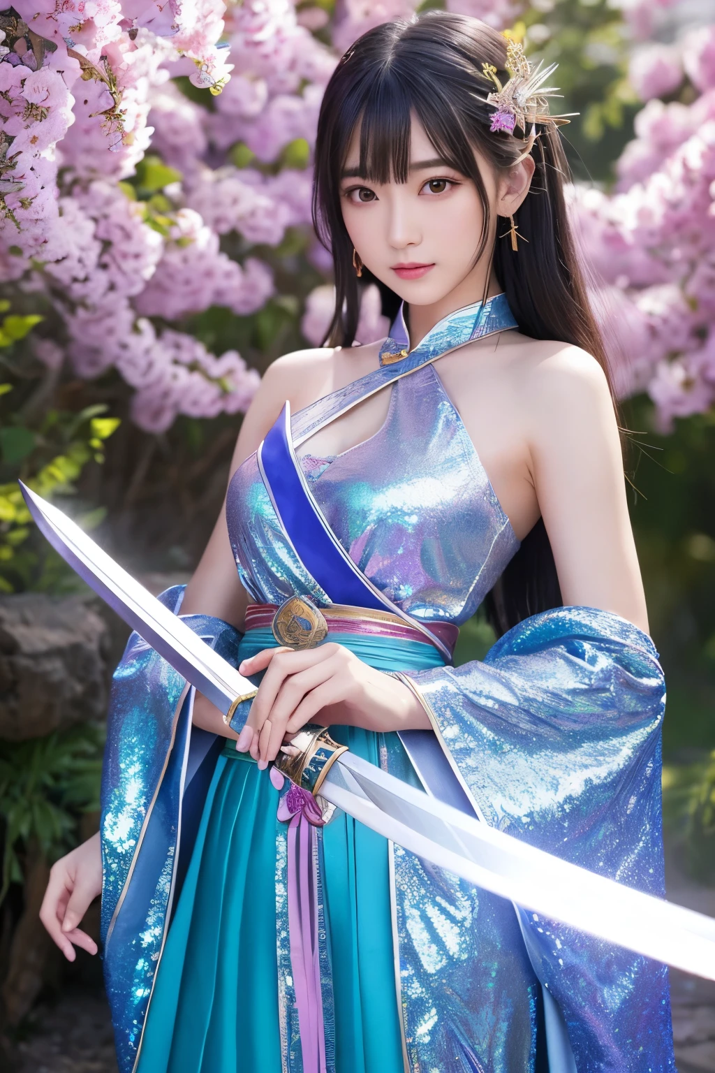 1girl,Ice Blue Dress, Silver Jade Qiong, wearing a jade phoenix crown, holding a snow lotus flower sword, figure looming, wandering alone, snow-covered ice lake, deep pine forest, white snow, Ice Lake, cold as ice, graceful as jade, noble and mysterious, 1girl, glow,Hazy light,Floodlight，masterpiece，16k