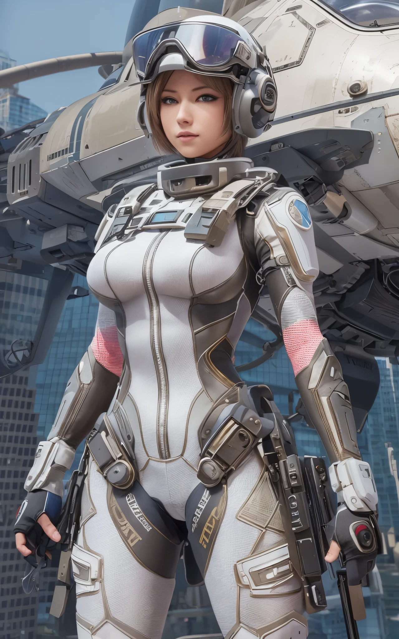 ((Best Quality)), ((masutepiece)), (Detailed: 1.4), (Absurd), Caucasian female fighter pilot ready for war, front walking, muscular sculptural body defined, Closed mouth, muscular body covered by technological clothing, Cyberpunk, ((perfect large breasts)), (blue eyes without pupils), long manga-style eyelashes, close to real, Crazy face, Sexy Pose, Centered, scale to fit the dimensions, nffsw (High dynamic range),Ray tracing,Hyper-Resolution,Unreal 5,Subsurface Dispersion, PBR Texture, Post-processing, Anisotropy Filtering, depth of fields, Maximum clarity and sharpness, Multilayer textures, Surface Shading, accurate simulation of light and material interactions, Perfect proportions, thirds rule, top-quality, ultra-detailliert, Being on the roof of a skyscraper, Smooth bodysuit, spiffy white bodysuit