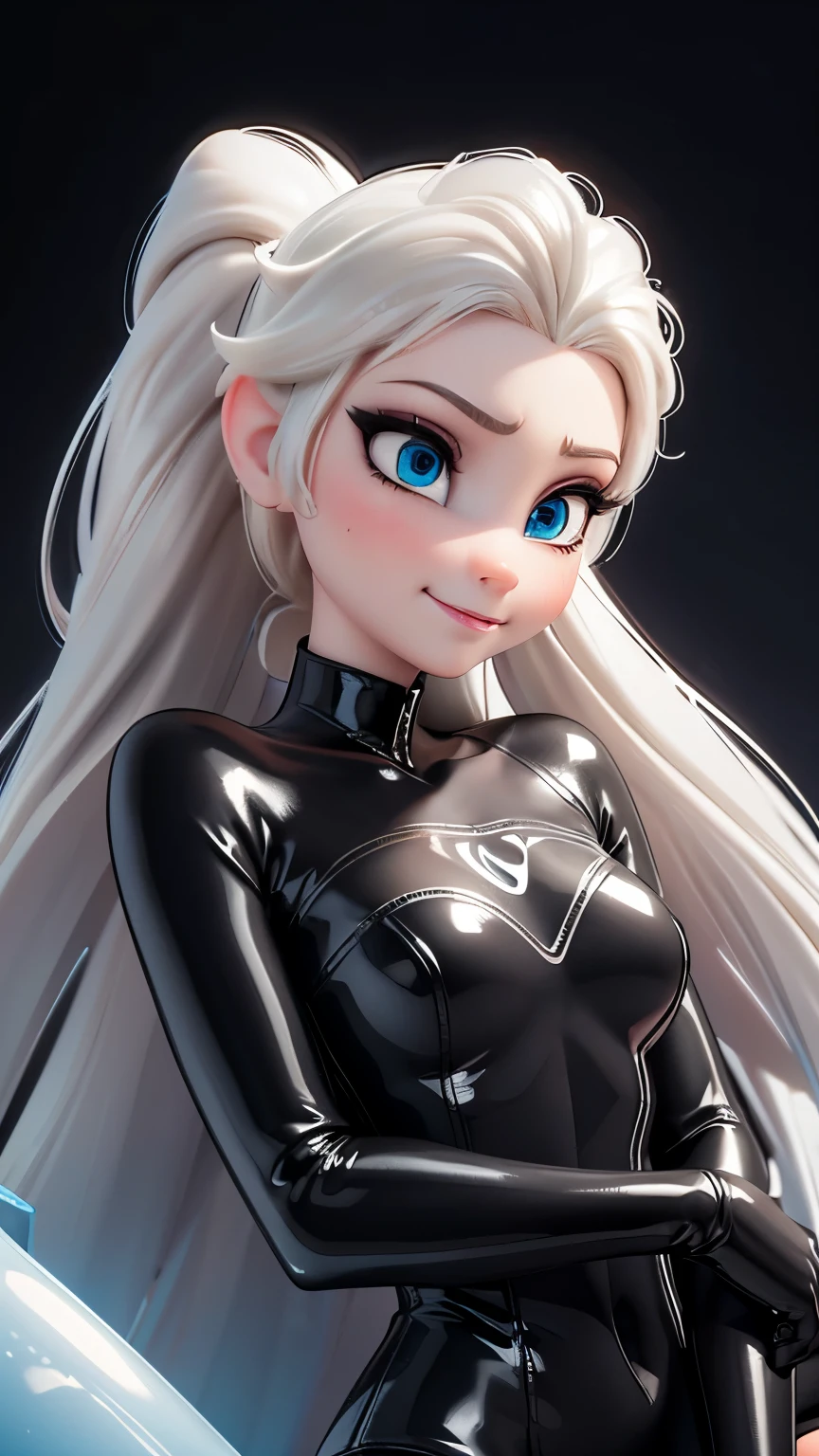 toon 3D cartoon rubberized round wide face white-hair cartoon toon Elsa of Arendelle wearing black textured 50% transparent translucent latex dominatrix swimsuit with dark trim , %50 transparent black latex long gloves, Elsa braid hair ,confident amused expression, eyes large and bright, posing on a black beanbag chair in a plain photo studio with black backdrop, soft light, reflective smooth rubber black latex and with high black collar , small waist, large , soaking wet ponytail hair,