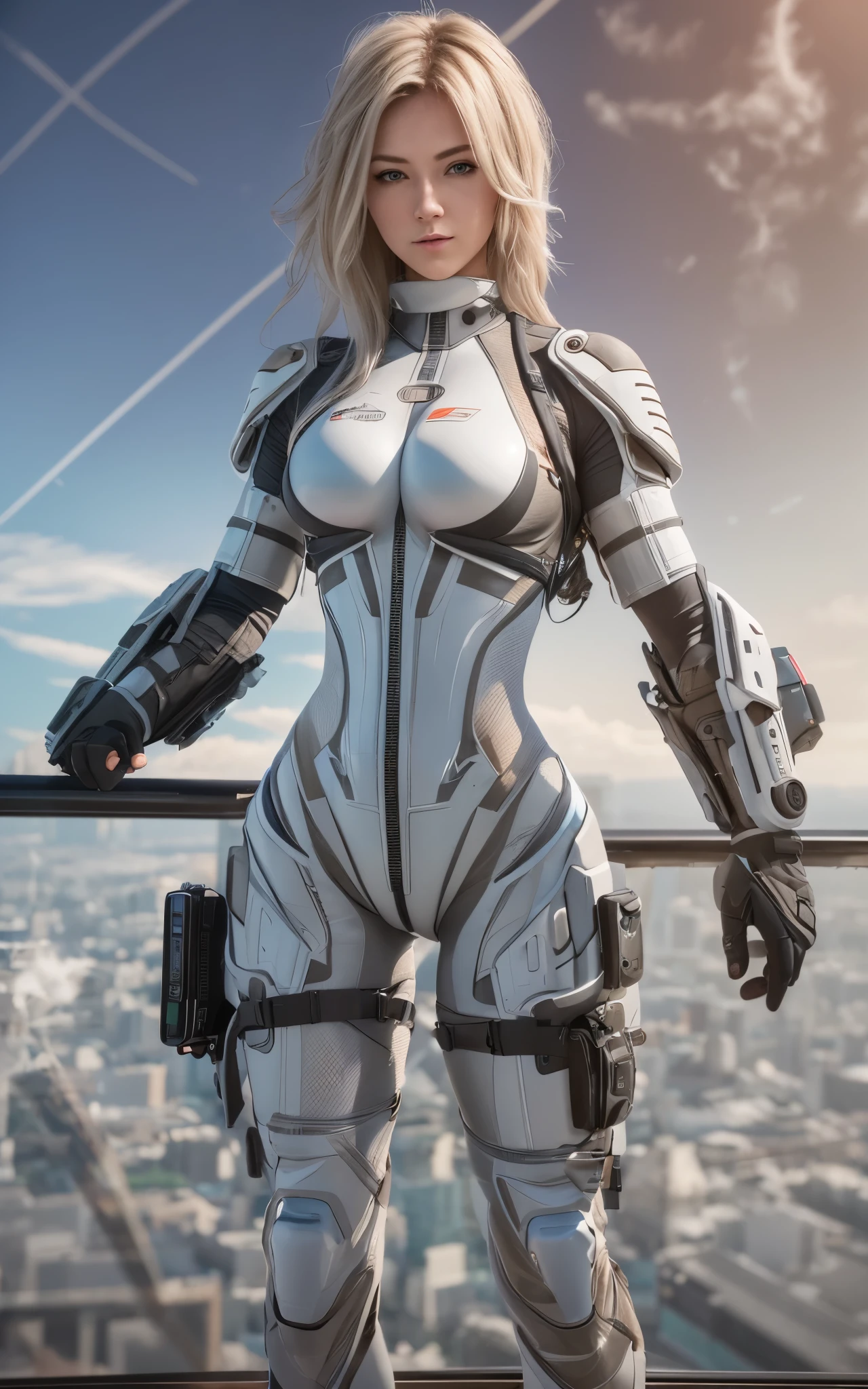 ((Best Quality)), ((masutepiece)), (Detailed: 1.4), (Absurd), Caucasian female fighter pilot ready for war, front walking, muscular sculptural body defined, Closed mouth, muscular body covered by technological clothing, Cyberpunk, ((perfect large breasts)), (blue eyes without pupils), long manga-style eyelashes, close to real, Crazy face, Sexy Pose, Centered, scale to fit the dimensions, nffsw (High dynamic range),Ray tracing,Hyper-Resolution,Unreal 5,Subsurface Dispersion, PBR Texture, Post-processing, Anisotropy Filtering, depth of fields, Maximum clarity and sharpness, Multilayer textures, Surface Shading, accurate simulation of light and material interactions, Perfect proportions, thirds rule, top-quality, ultra-detailliert, Being on the roof of a skyscraper, Smooth bodysuit, spiffy white bodysuit