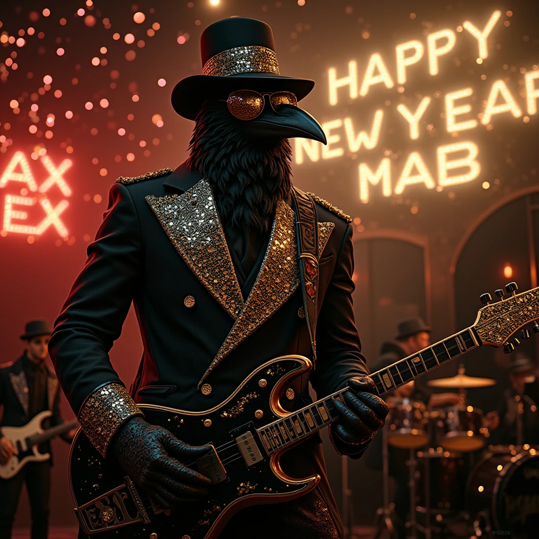 Muscular Anthropomorphic raven donned in intricate black suit with gold trim made of diamonds and a black diamond fedora. Diamonds cover his beak. Wears large sunglasses. Lead singer and electric guitar player of a band at a high end jazz club. Bass drum  says "The Pearl". Sings in to a retro style microphone while the band plays. Behind the open air stage, fireworks burst spelling "Happy New Year MAB" in sparkling firework letters. Dynamic jazz band scene, dynamic pose, High Resolution, Masterpiece, Cinematic, Character Design, Hyperdetailed, Cinematography,  cinematic lighting, Depth Of Field, Sparkle, Ray Tracing, Image Fill, Dynamic Pose, old fashion microphone 