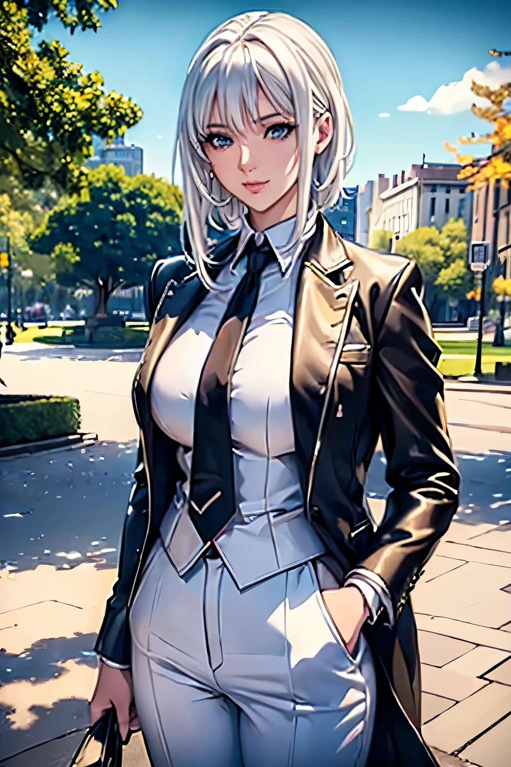 A beautiful adult koneko from high school dxd, white hair, elegant and stylish, wearing trousers and jacket and a white blouse with a white necktie and a black cat footprint, black cat hair ornament, slight gentle smile, standing in a city park, full body shot, (best quality,4k,8k,highres,masterpiece:1.2),ultra-detailed,(realistic,photorealistic,photo-realistic:1.37),intricate details, beautiful detailed eyes,beautiful detailed lips,extremely detailed eyes and face,long eyelashes,detailed city park background,natural lighting,vibrant colors,cinematic composition,highly detailed, smooth coloring