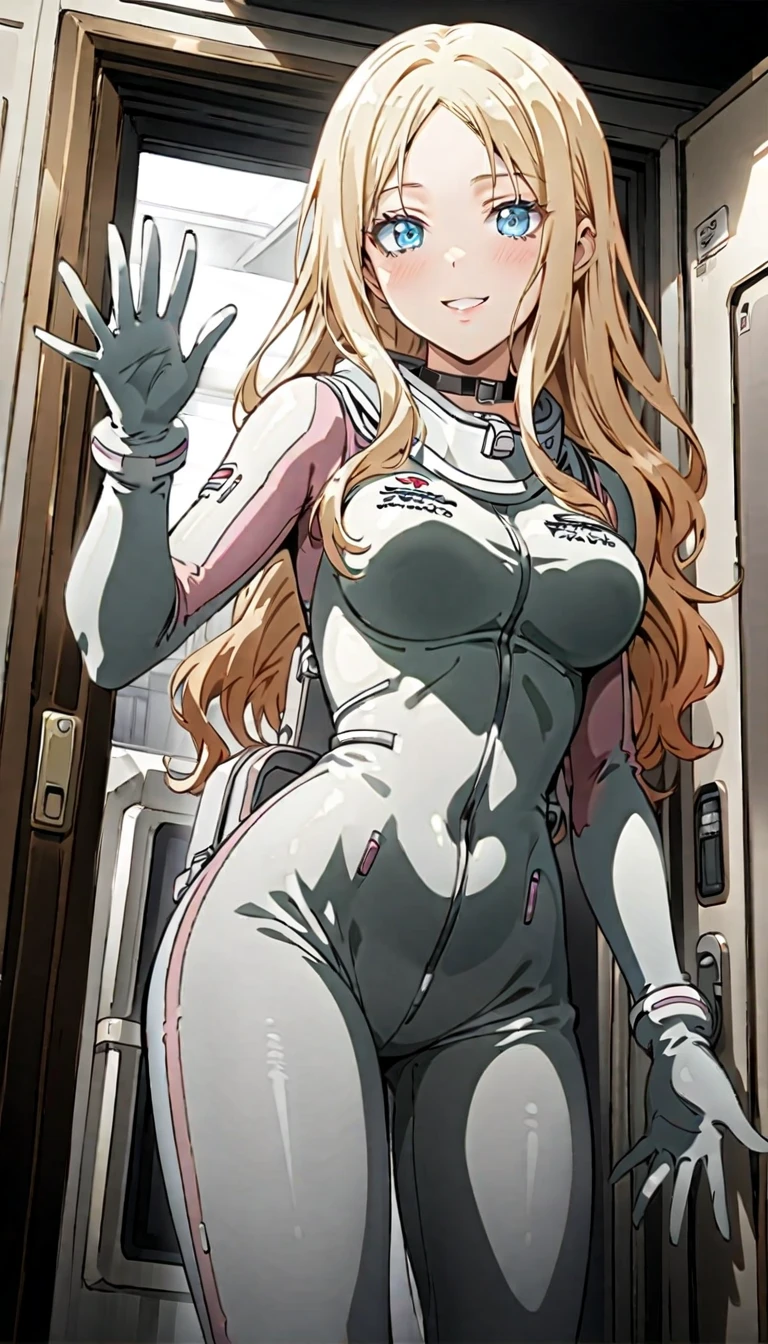 (spacesuit:1.15), white cargo pants, astronaut), white gloves, smiling, waving, looking at the audience, indoors, higschool, daylight, standing, front of door, , alone, masterpiece, best quality, 1girl, beautiful, image from below, solo, aairina, long hair, parted bangs, blue eyes, breasts, choker